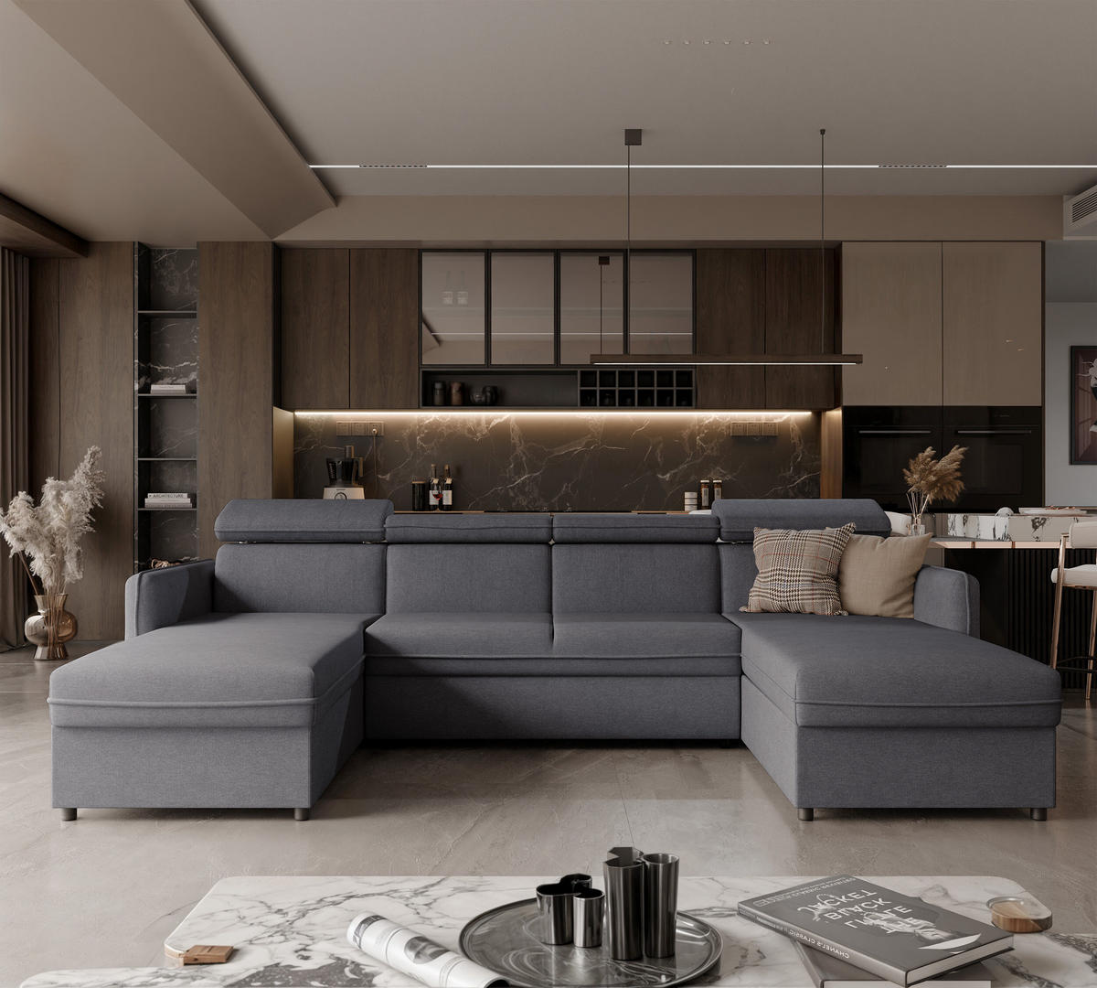 WOHNLANDSCHAFT U-Form Beni mit Schlaffunktion, Stoff Soro 97 Graphit - Dunkelgrau, Holzwerkstoff (286/60/166cm) - Idohome