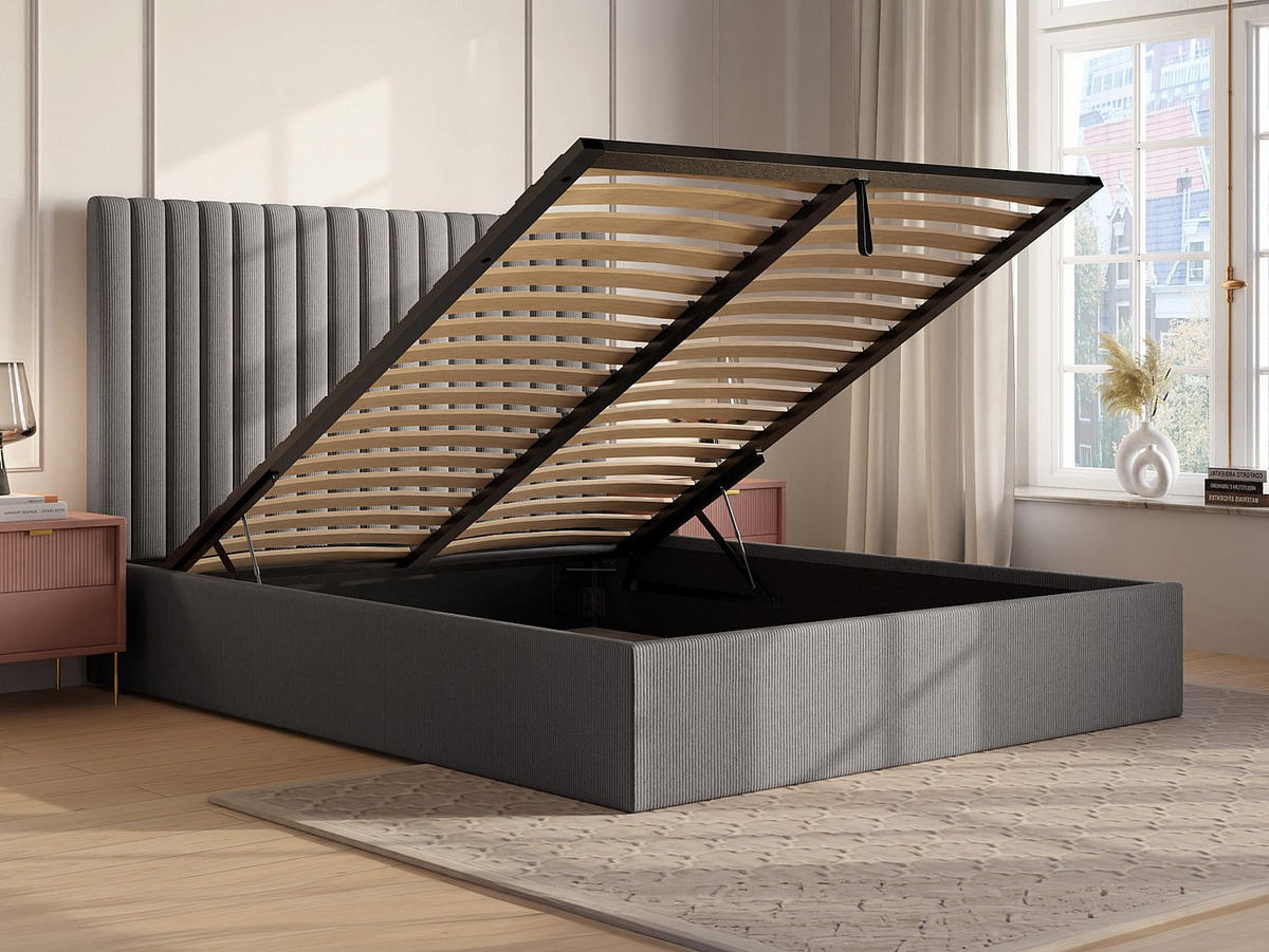BETT mit Bettkasten - 2 Personen - Samt - Grau - Grau, Textil (160/200cm) - Vente-Unique
