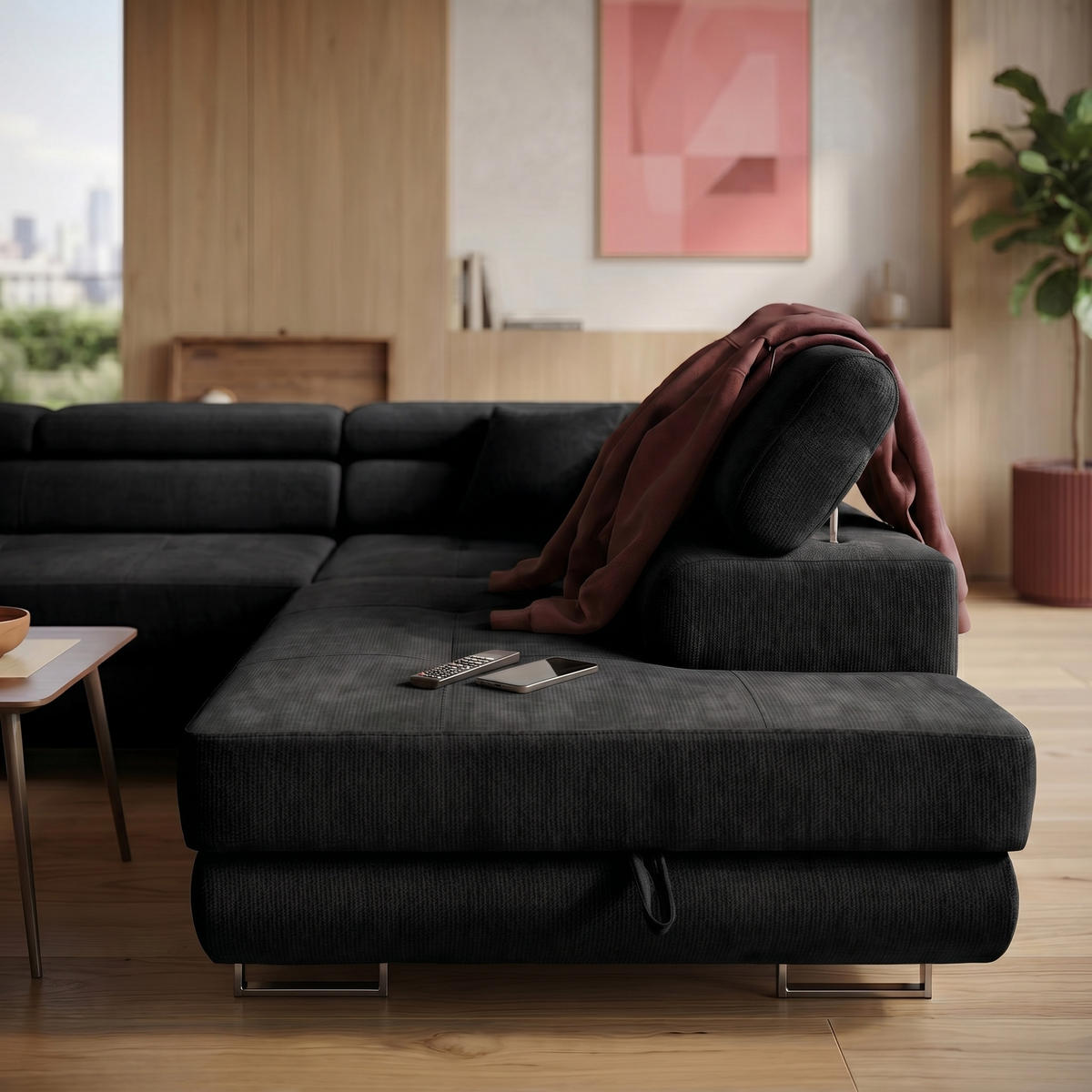 ECKSOFA U-Form WILD U Rechts mit Schlaffunktion 130x260 Chenille Schwarz - Silberfarben/Schwarz, Holz/Textil (203/90/350cm) - Muffo