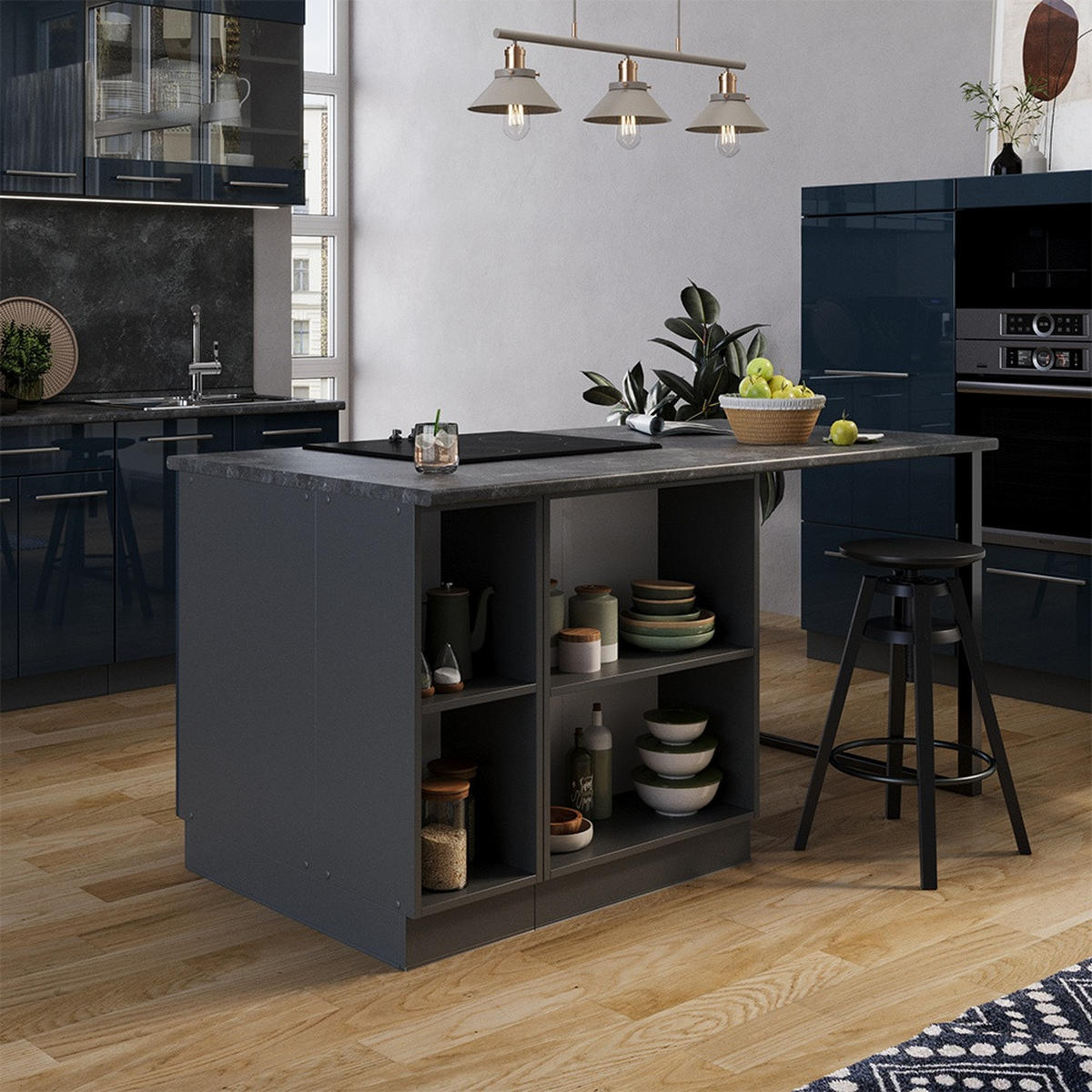 KUHINJSKE OMARICE Fame-Line Temno modra z visokim sijajem 90 cm s predalom, brez delovnega pulta - antracit/temno modra, leseni material (90/82/60cm) - Vicco