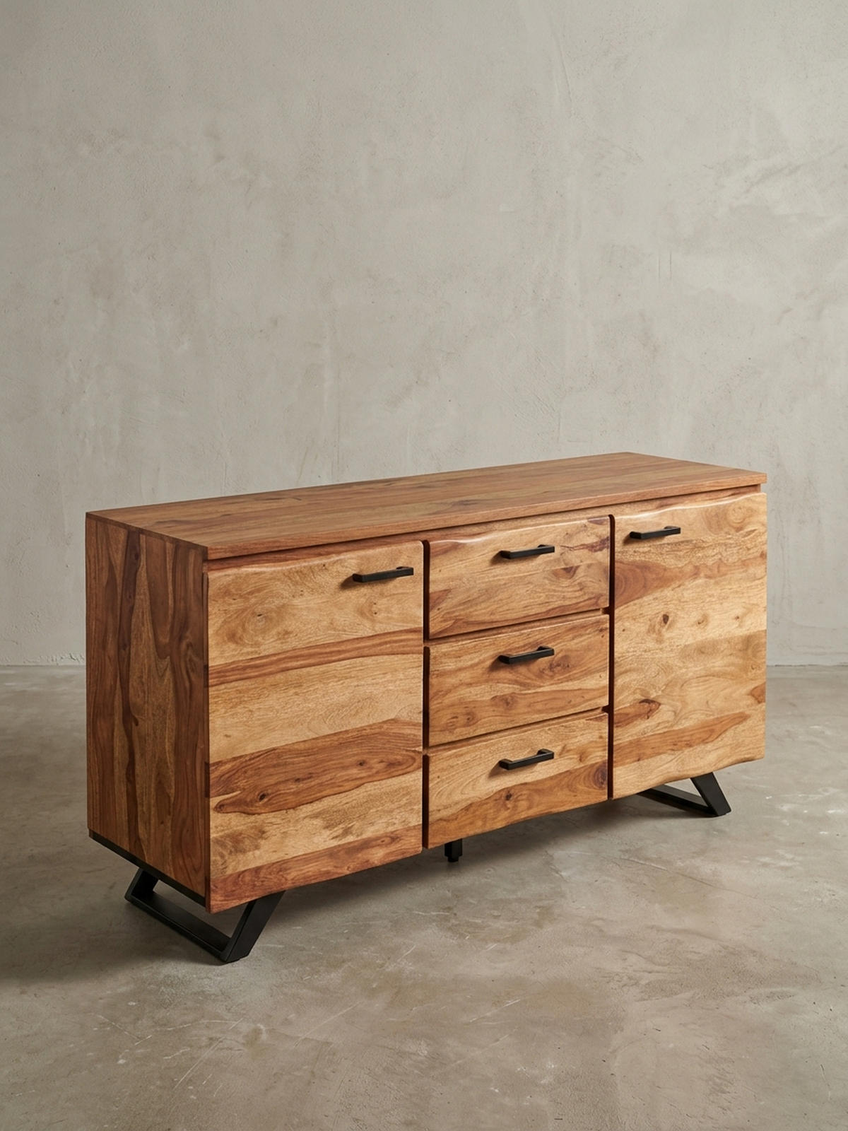 SIDEBOARD – Massivholz, 145x82x45 cm, mit Baumkante, Metallgestell - Schwarz/Braun, Holz/Metall (145/82/45cm) - KADIMA DESIGN