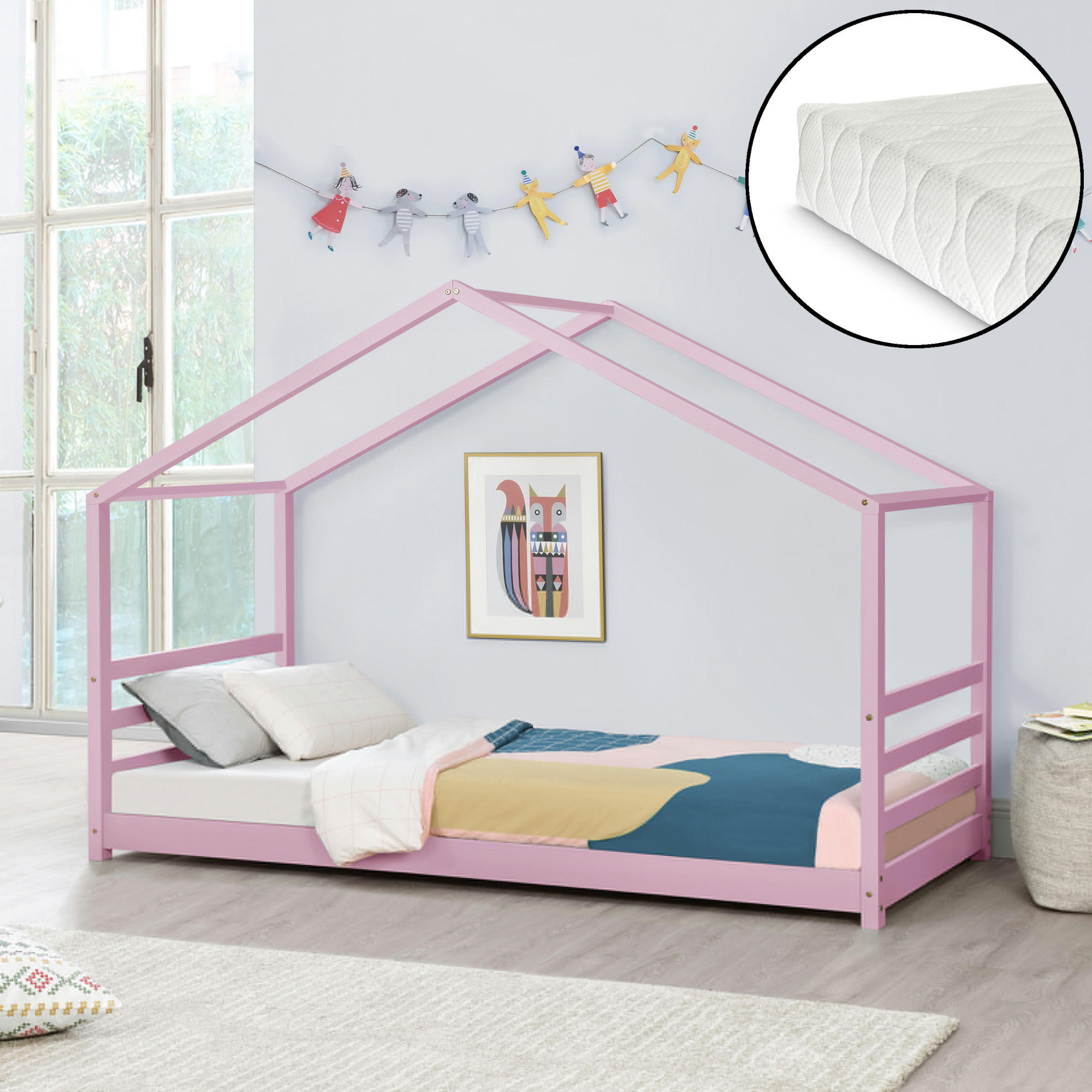 HAUSBETT Vardø mit Matratze - Rosa, Holz/Textil (90/200cm) - [en.casa]