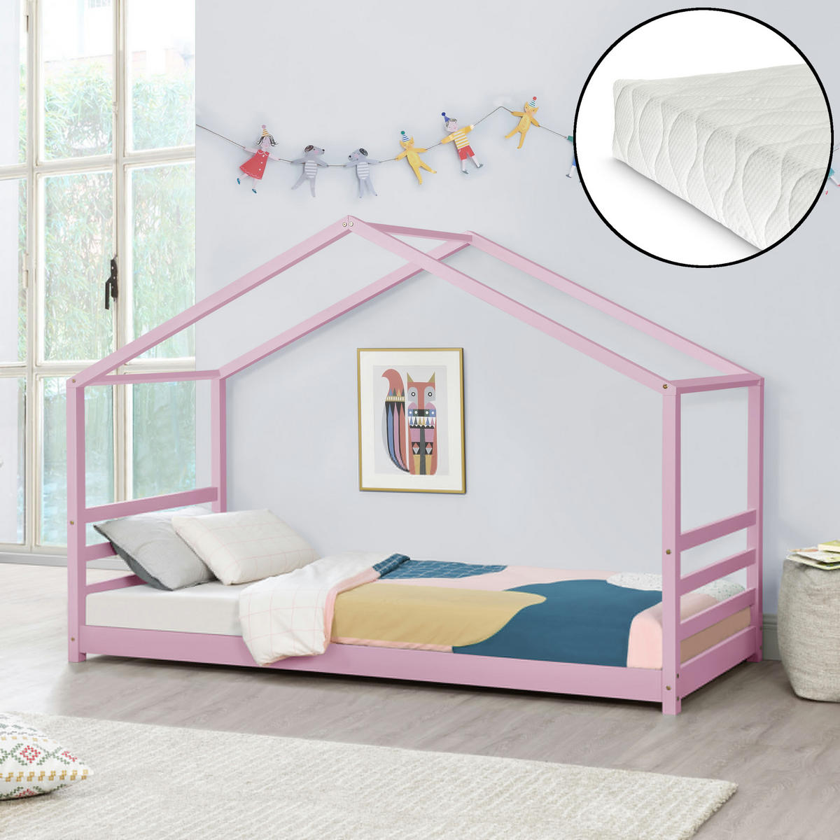 HAUSBETT Vardø mit Matratze - Rosa, Holz/Textil (90/200cm) - [en.casa]