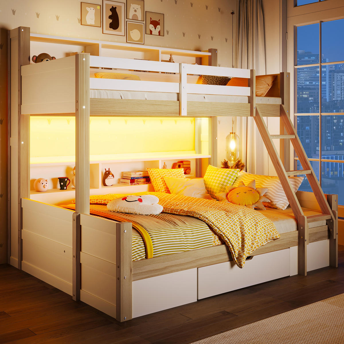 ETAGENBETT mit LED und Stauraum 90x200/140x200 cm Weiß/Natur - Wildeiche, Holz (140/200cm) - Meubliv