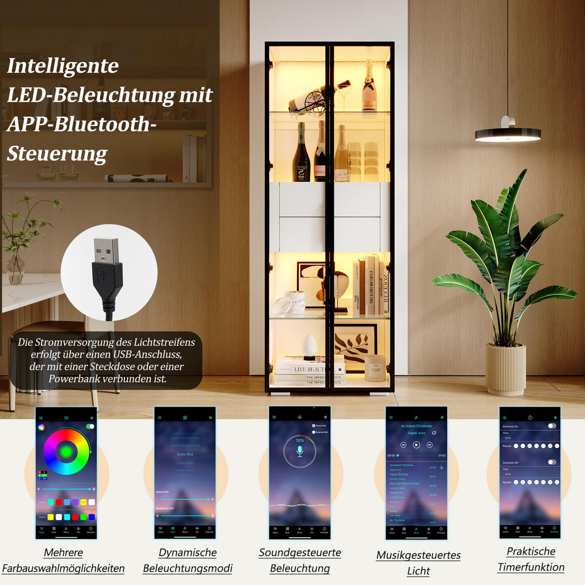 VITRINE LED Gehärtetes Glas 2 Glasböden 2 Schubladen Weiß - Multicolor, Glas (60/160/40cm) - FLIEKS