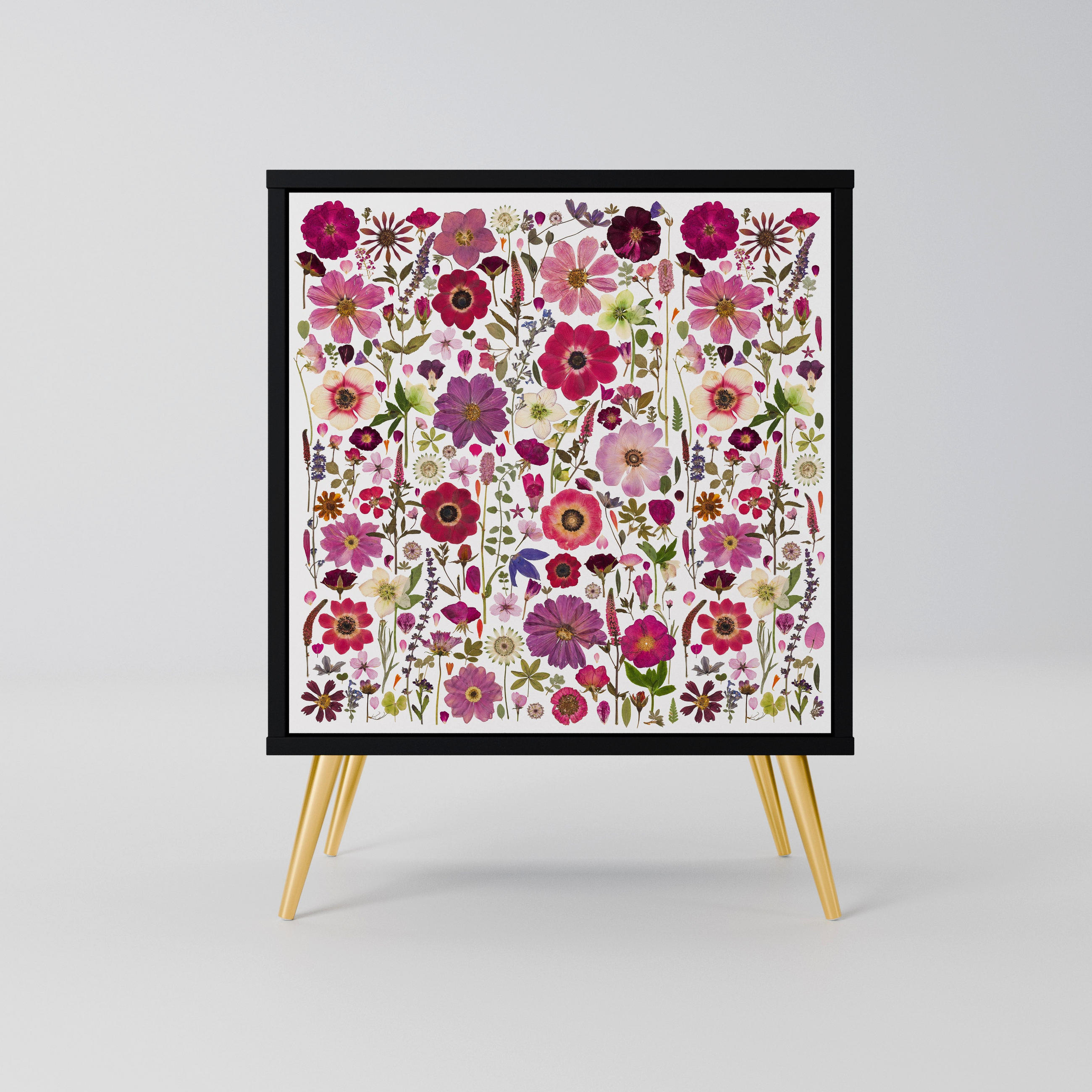 SIDEBOARD PETAL GARDEN, Schwarz, 57,5x42x75,5 cm, Goldfarbene Metallfüße - Goldfarben/Multicolor, Holzwerkstoff/Metall (57.5/75.5/42cm) - SpaceRebels