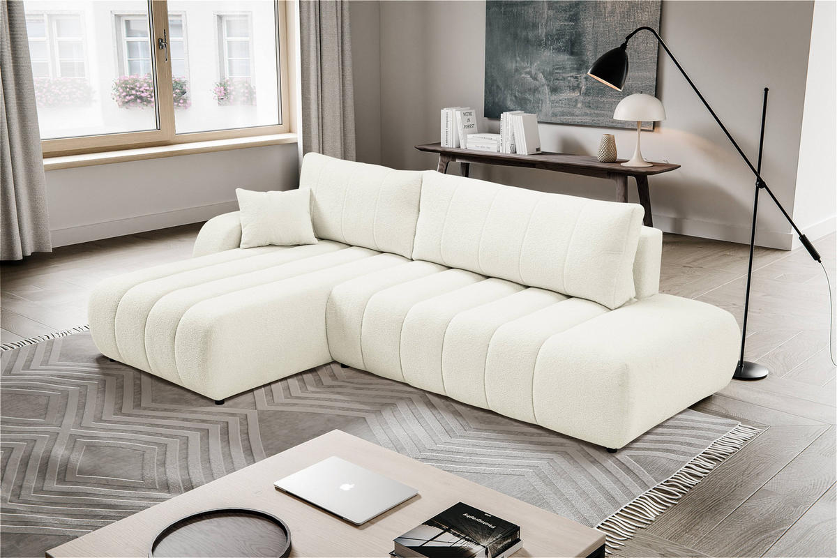 ECKSOFA GIOIA L-S Creme Boucle-Stoff mit Schlaffunktion - Creme, Holz (276/176cm) - MASSENO