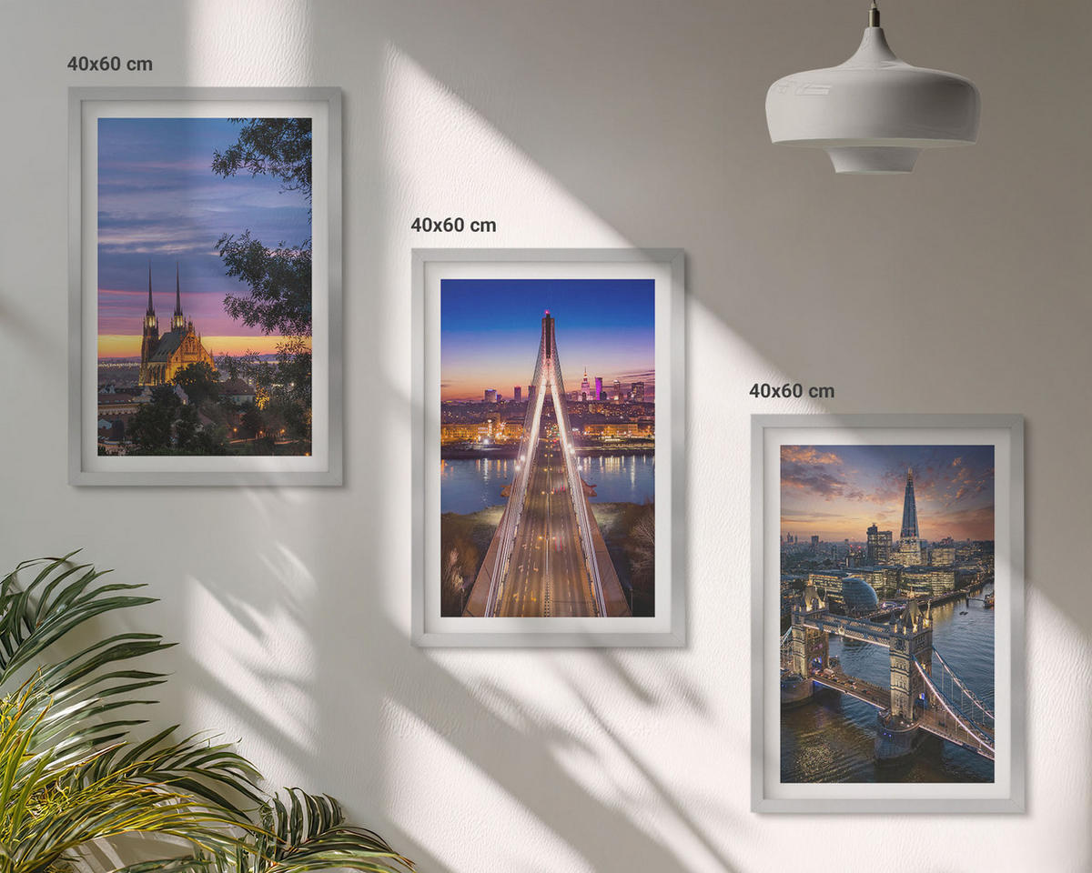 BILDER SET 3er Set - 40x60 cm Silberner Rahmen - Ausblicke auf Brücken und Sonnenuntergänge - Silberfarben, Kunststoff (40/60cm) - TULUP