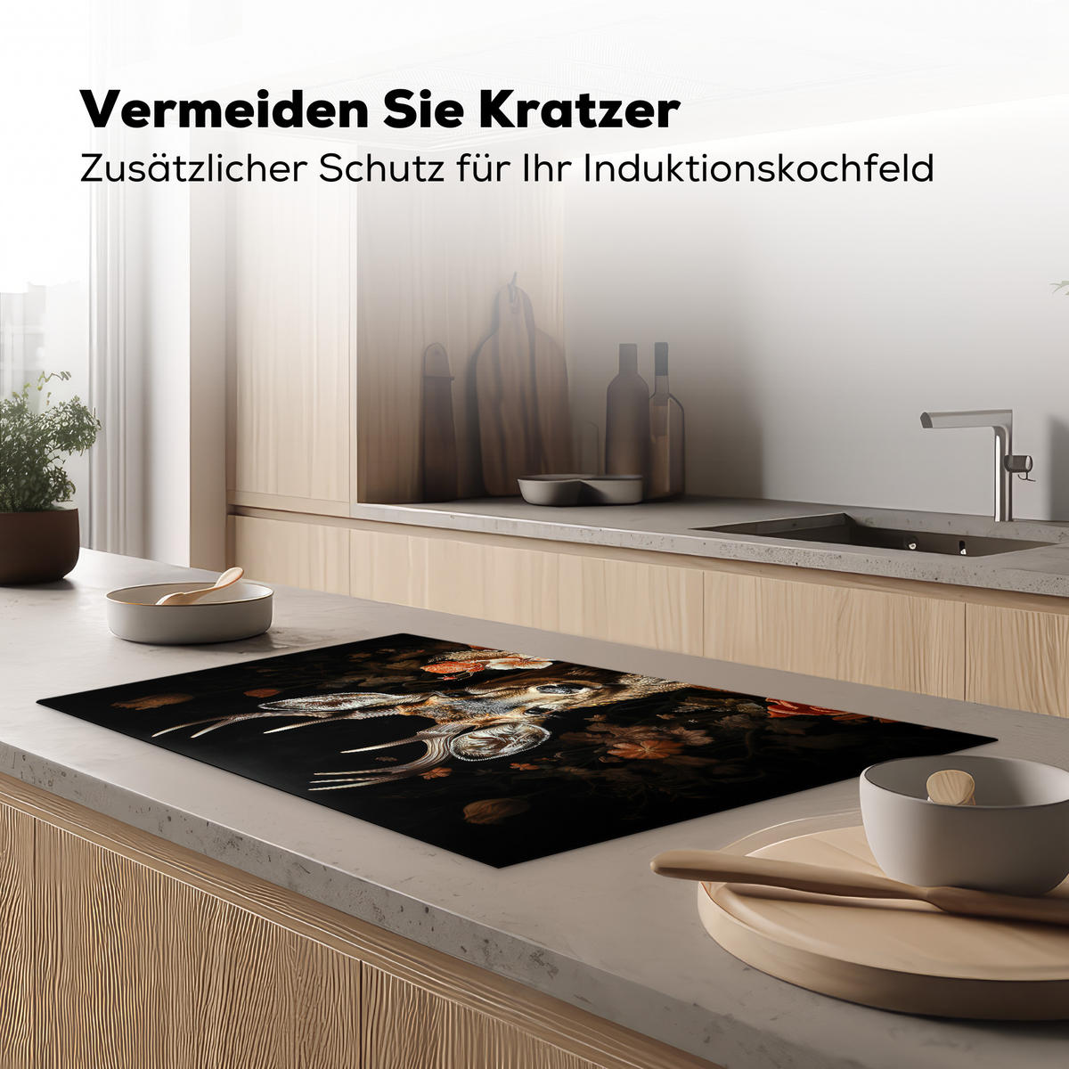 HERDABDECKPLATTE Hirsch - Tier - Blumen - Natur - Botanisch 85x52 cm - Kupferfarben, Kunststoff (85/0.2/52cm) - MuchoWow