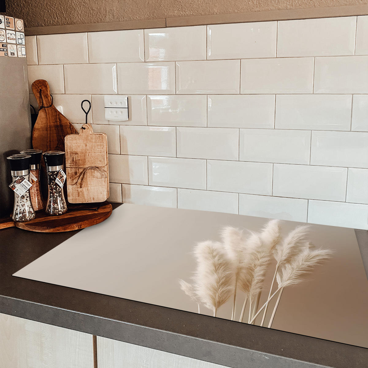 HERDABDECKPLATTE Pampasgras - Federn - Pastell - Weiß Abdeckung Ceranfeld 81.2x52 cm - Creme, Kunststoff (81.2/52/0.2cm) - MuchoWow