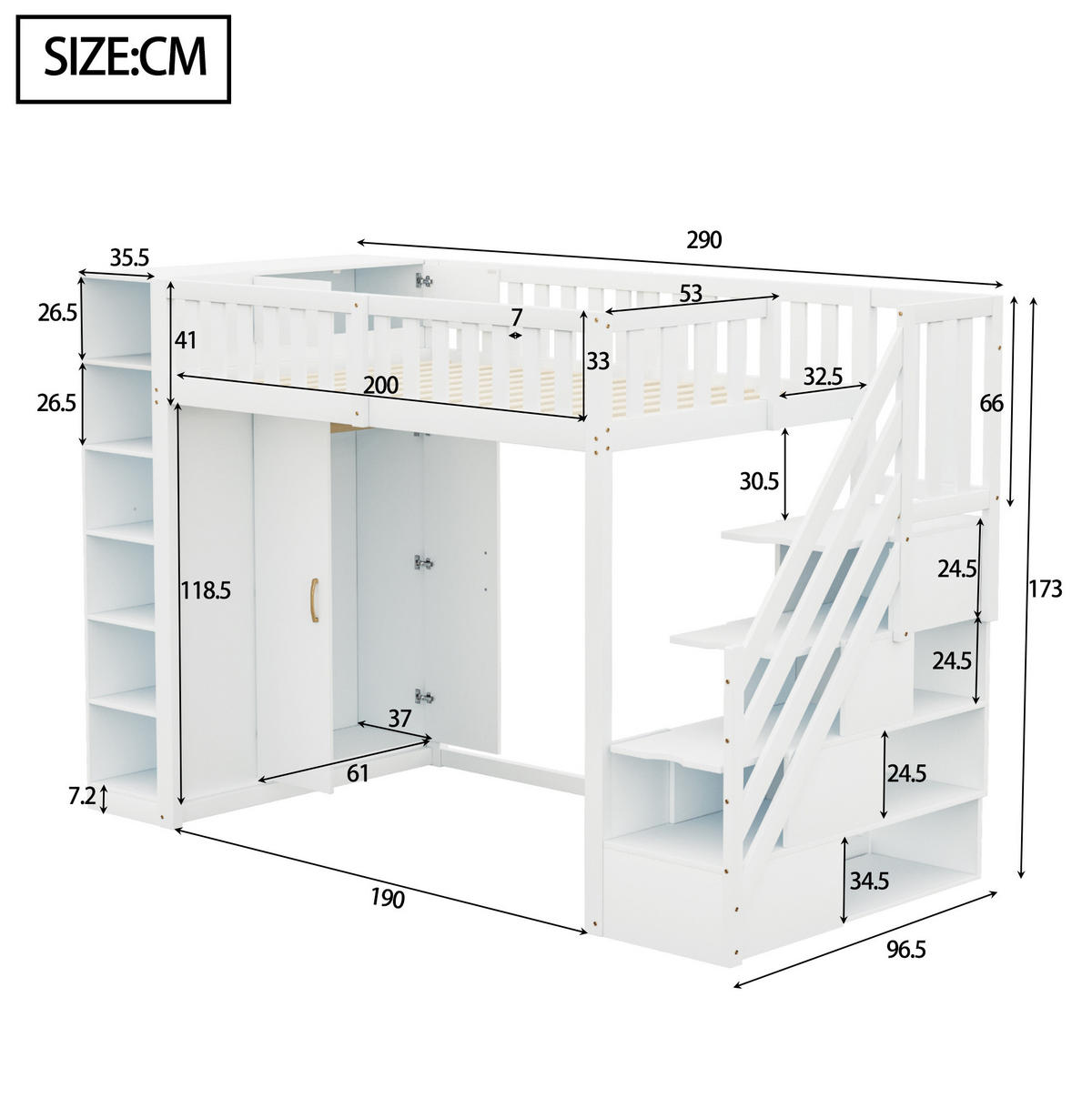 HOCHBETT 90/200 cm in Weiß mit Kleiderschrank, Regalen und Stauraumleiter - Weiß, Holzwerkstoff (90/200cm) - Flora Grace