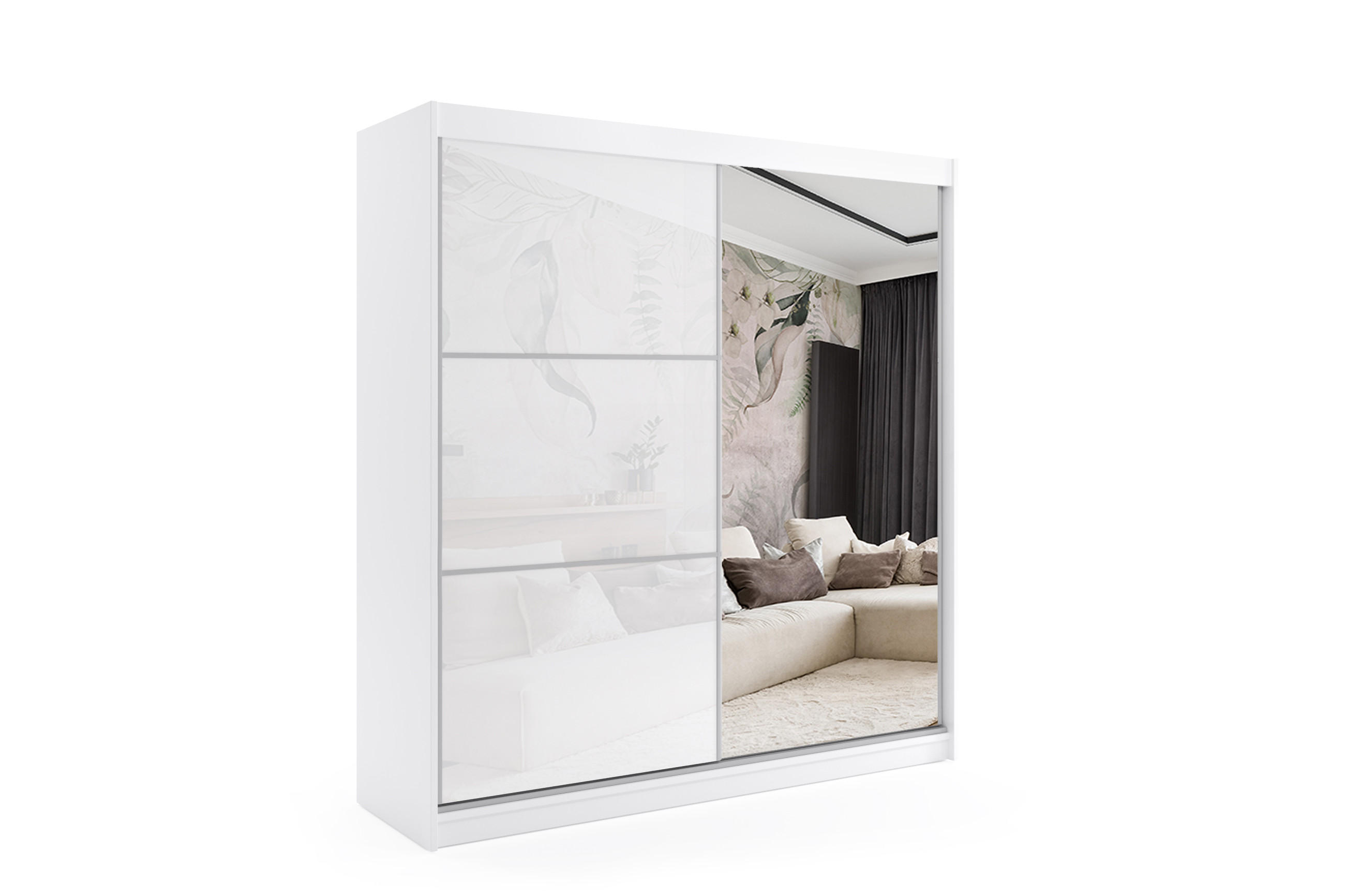 ALTDECOR ŠATNÍ SKŘÍŇ s zrcadlovými posuvnými dveřmi a hliníkovými lamelami – VIVONA – 200 cm, bílá