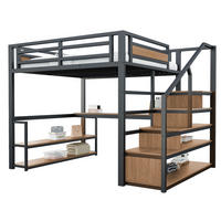 HOCHBETT aus Metall und MDF 140x200 cm Schwarz mit Regalen, Tisch und Aufbewahrungsleiter - Schwarz, Metall (90/200cm) - Modfu