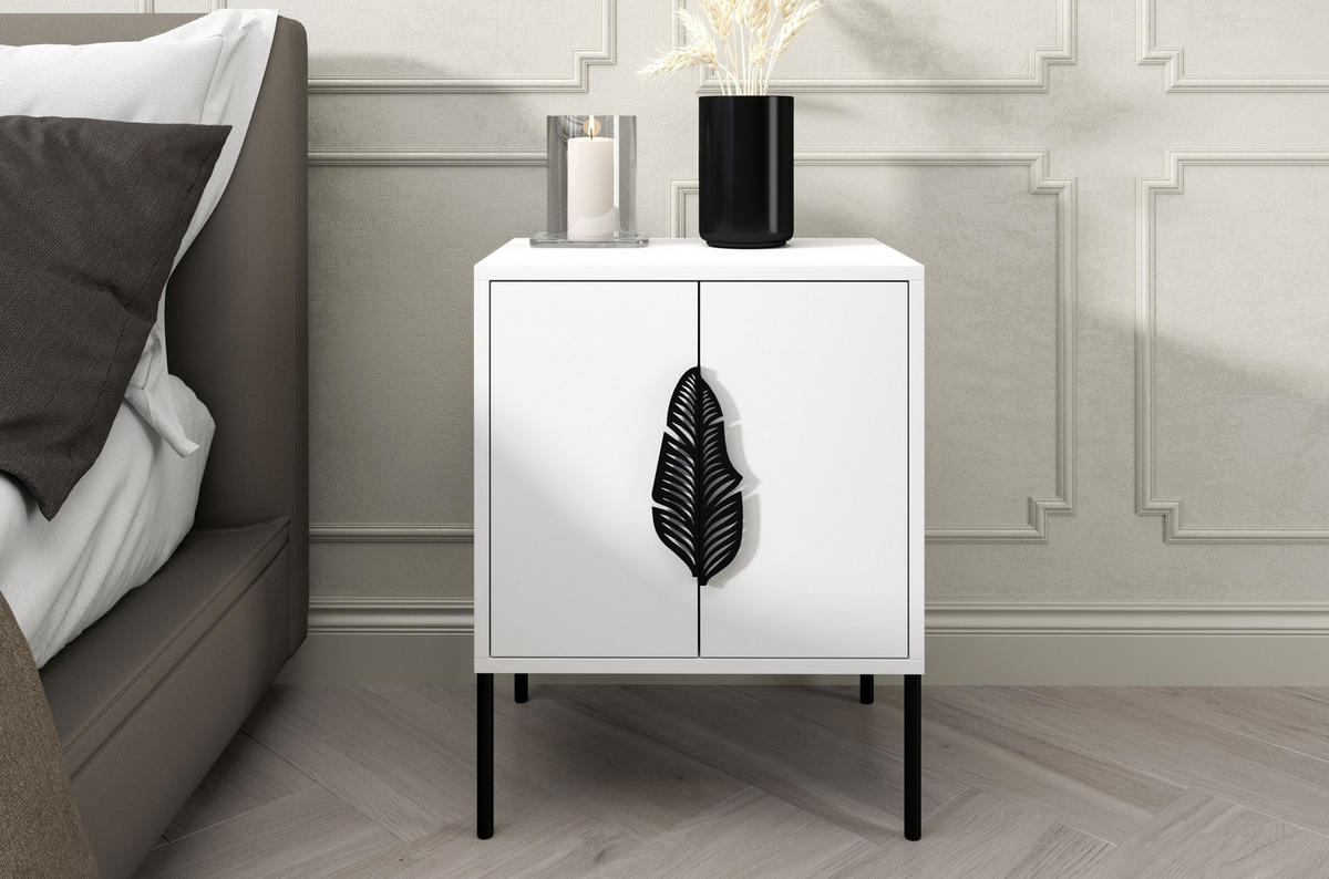 NACHTTISCH Merlin, Weiß, Schwarze Details - Schwarz/Weiß, Holzwerkstoff/Metall (54/69/40cm) - Skandica