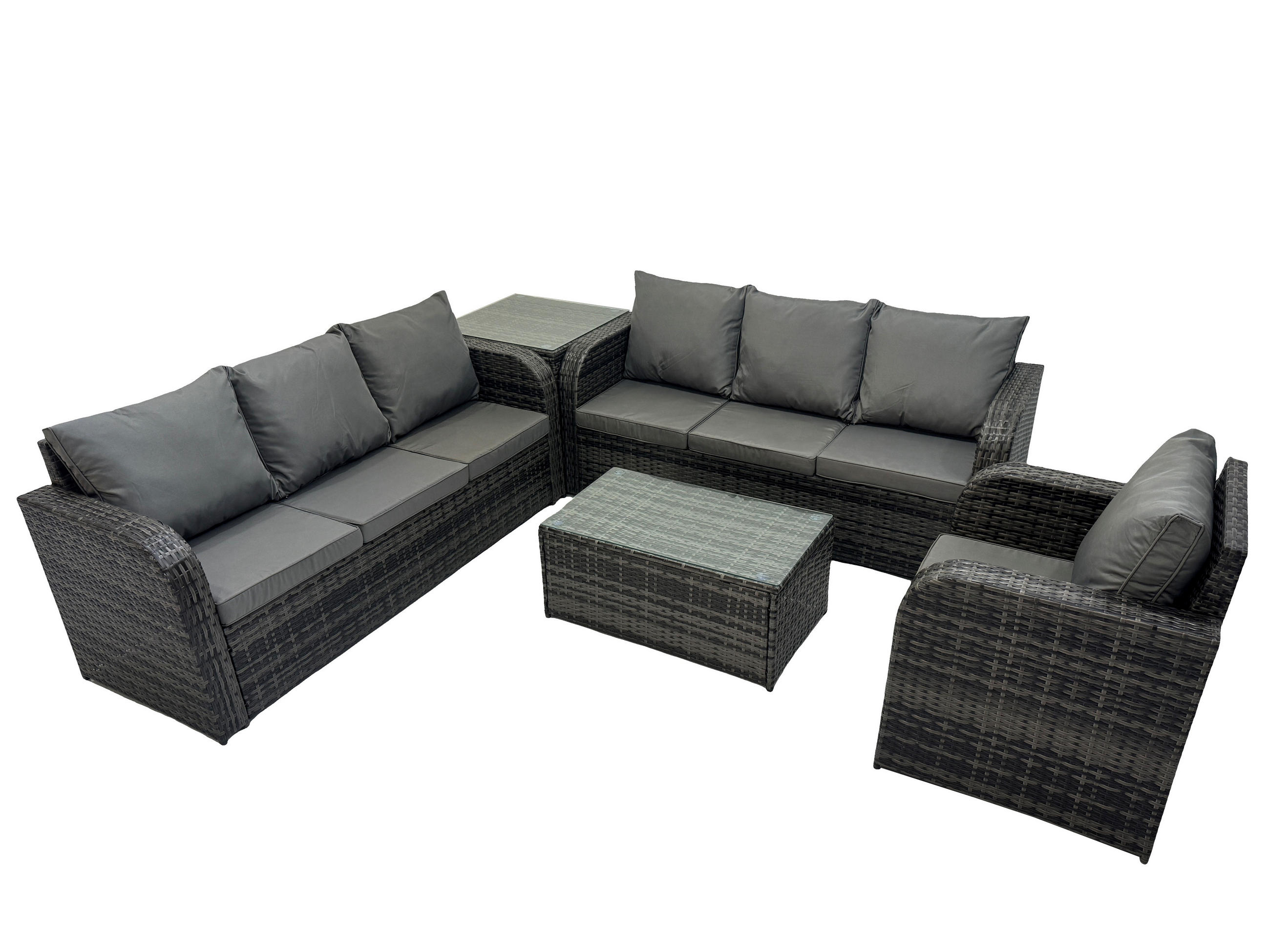 GARTENMÖBEL-SET mit Kissen Polyrattan Dunkelgrau 7-Sitzer - Dunkelgrau/Grau, Glas/Kunststoff - Fimous