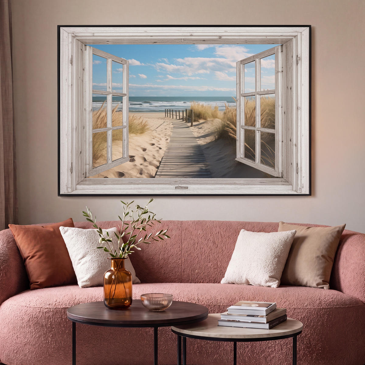 LEINWAND Bilder mit Rahmen - Fenster - Meer - Küste - Natur - Ausblick - Strand - Wattenmeer - 150x100 - Beige, Textil (150/100cm) - MuchoWow