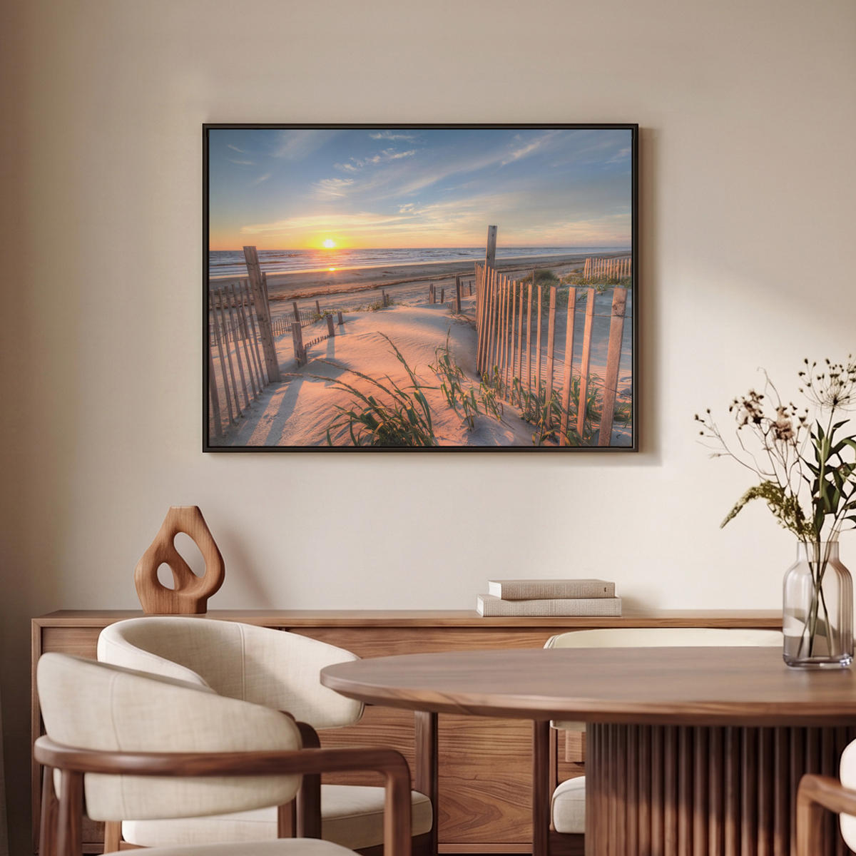 LEINWAND Bilder mit Rahmen - Strand - Meer - Düne - Sonnenuntergang - Landschaft - 70x50 - Beige, Textil (70/50cm) - MuchoWow
