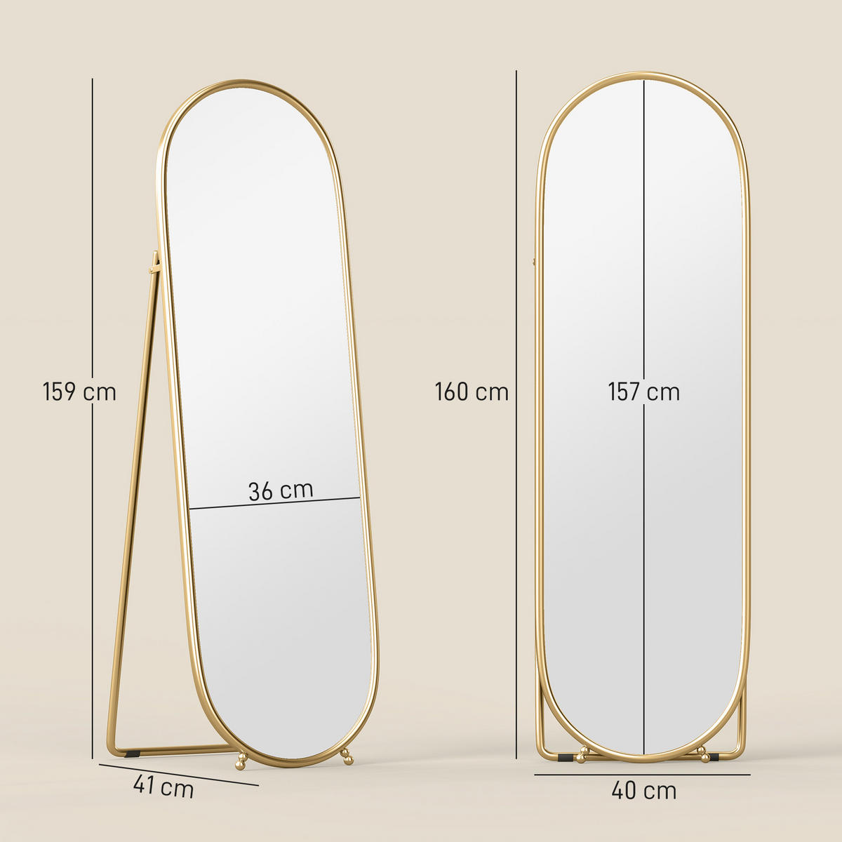 GANZKÖRPERSPIEGEL, 160 x 40 cm Wandspiegel mit Ständer, Metallrahmen, Gold - Goldfarben, Glas (4/160/40cm) - HOMCOM