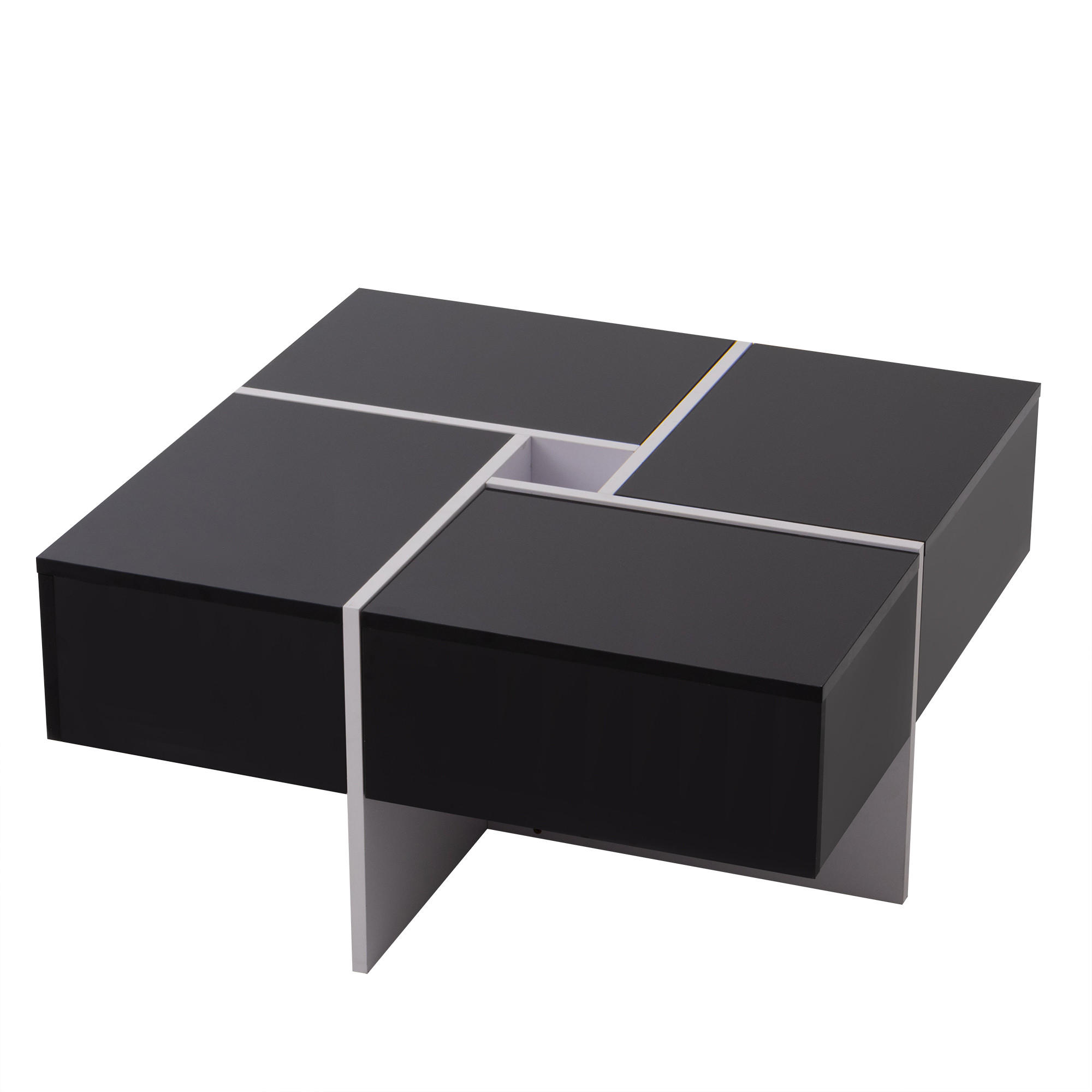 COUCHTISCH Hochglanz Oberfläche Schwarz Weiß mit 4 Schubladen und offenem Stauraum - Schwarz, Holzwerkstoff/Metall (70/70/35cm) - Urban Meuble