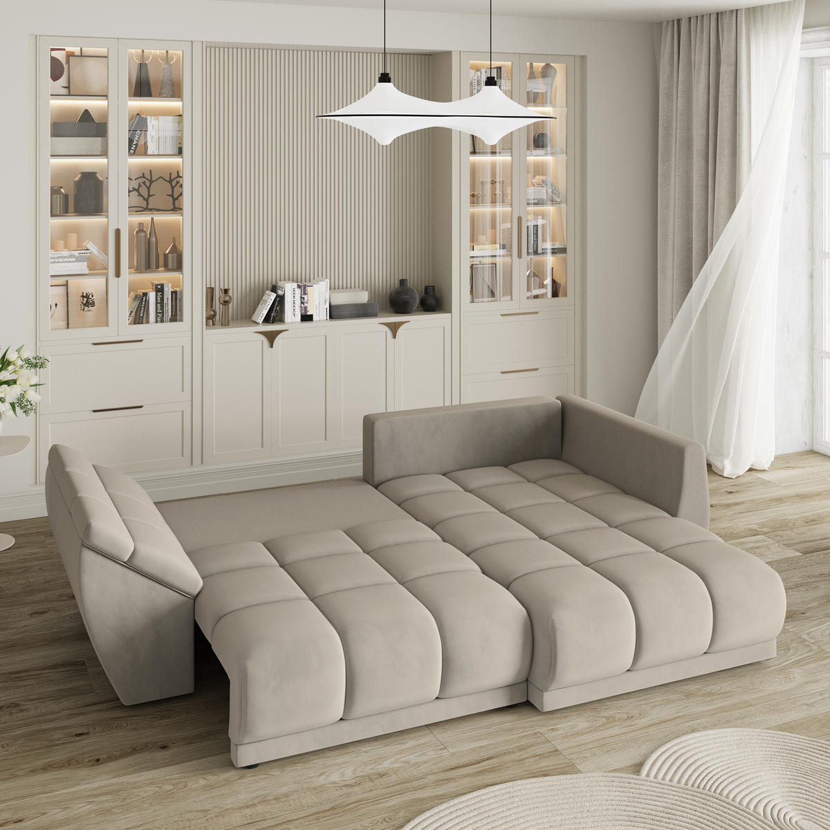 ECKSOFA ORENTI R-S Beige Velours-Stoff mit Schlaffunktion - Beige, Holz (287/182cm) - MASSENO