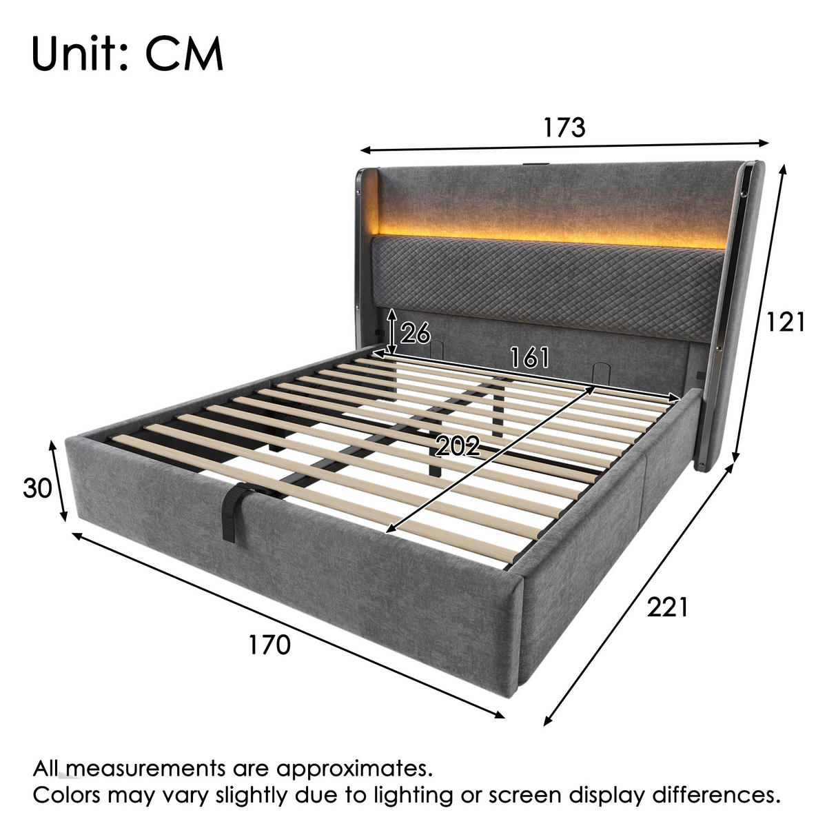 POLSTERBETT 160/200 cm mit Bettkasten, LED-Beleuchtung und USB/Type-C in Grau - Grau, Textil (160/200cm) - BEAOK