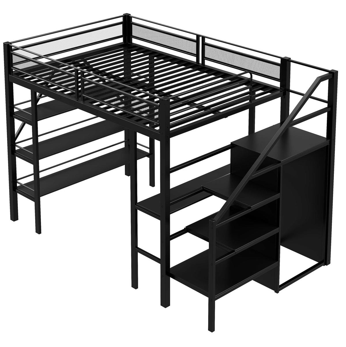 HOCHBETT mit Schreibtisch 140/200 cm in Schwarz – mit Stauraum, Schrank und Treppe - Schwarz, Metall (140/200cm) - BEAOK