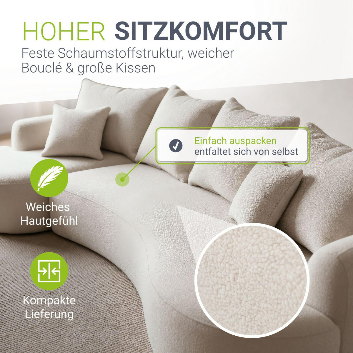 SOFA Tirano Bouclé Creme mit Ottomane links - Creme, Textil (102/300cm) - Juskys