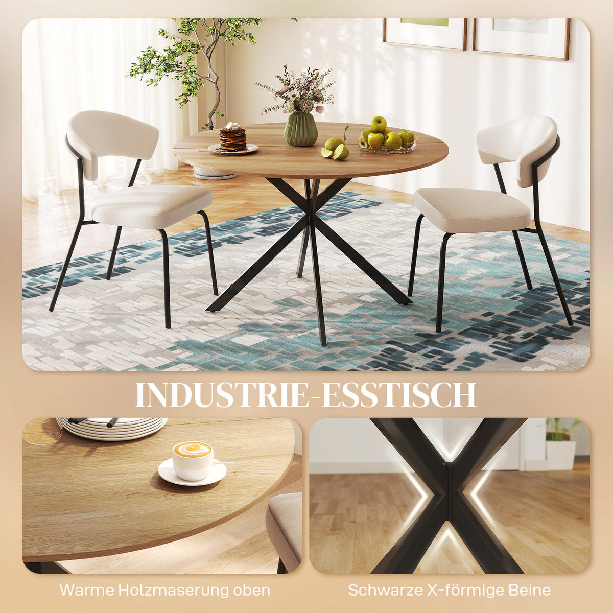 ESSGRUPPE 5er Set Spanplatte Polyester Cremeweiß Eiche - Eichefarben/Creme, Textil/Metall (120/75/120cm) - HOMCOM