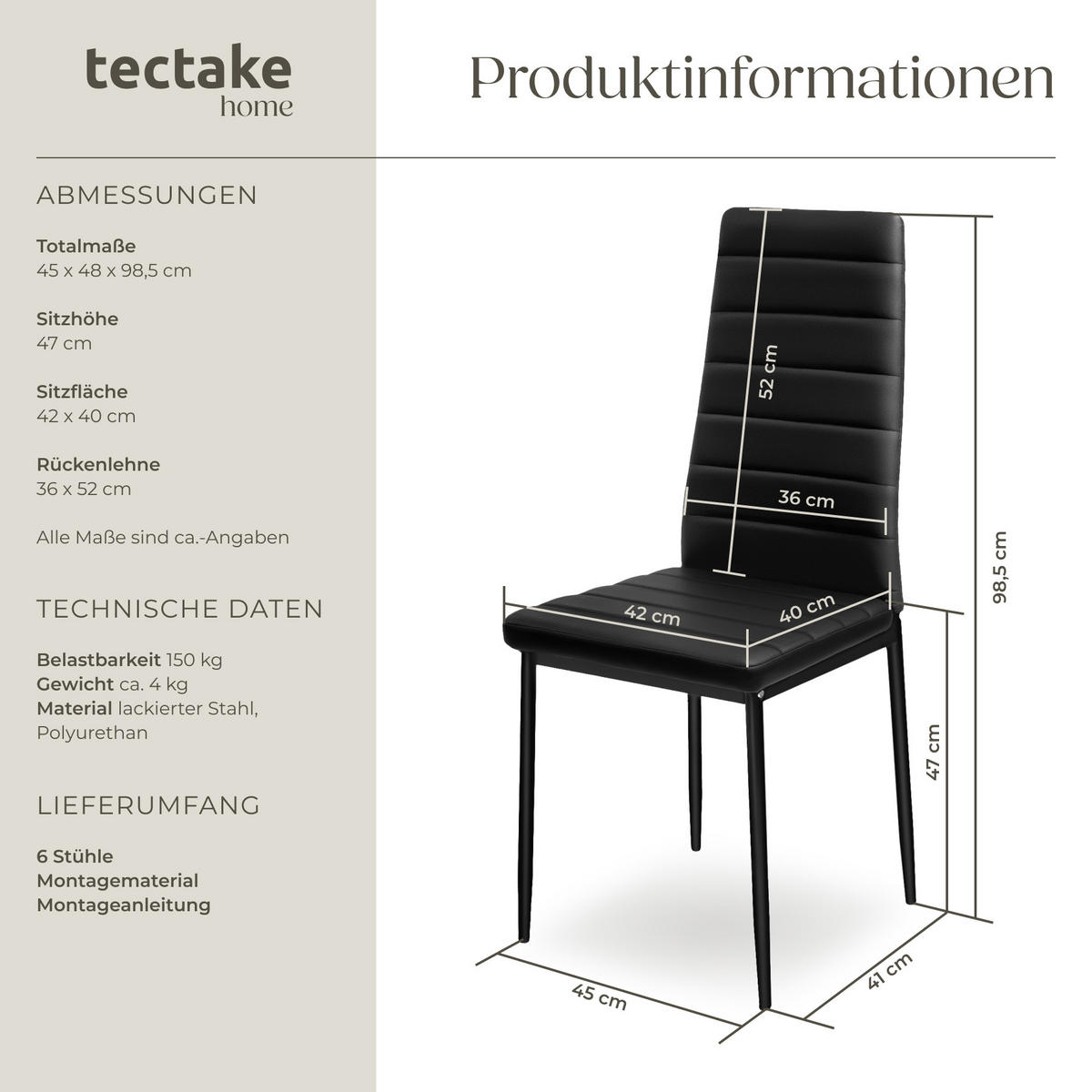 ESSZIMMERSTUHL 6er Set Thomas 41 x 45 x 98 5 cm schwarz - Schwarz, Textil (48/98.5/45cm) - tectake