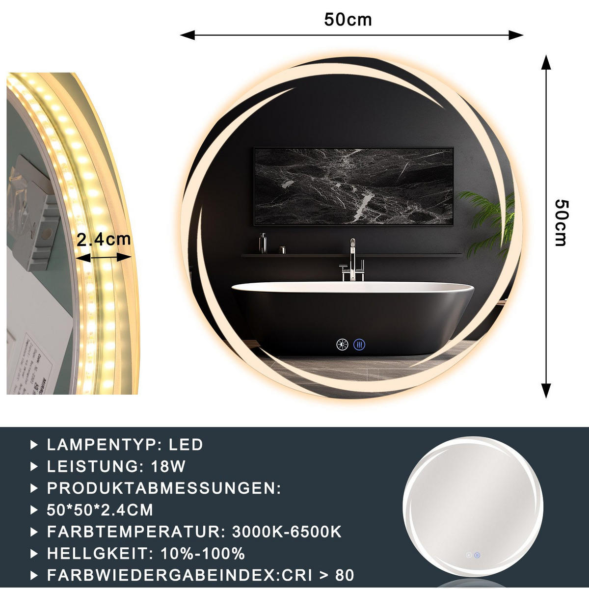 BADEZIMMERSPIEGEL Redick mit LED-Leuchte Ø50 cm - Weiß, Glas (50/2.4/50cm) - Nettlife