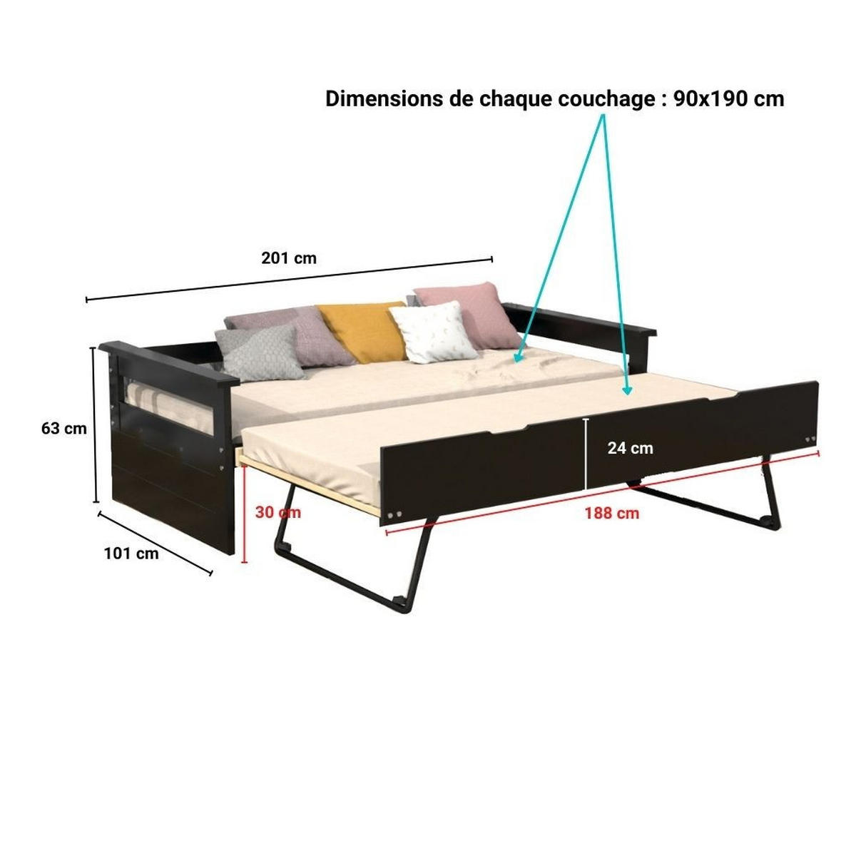 AUSZIEHBETT TOLEDE mit Bettschublade/ Bett 2x90x190 - Schwarz - Schwarz, Holzwerkstoff (90/190cm) - Weber Industries