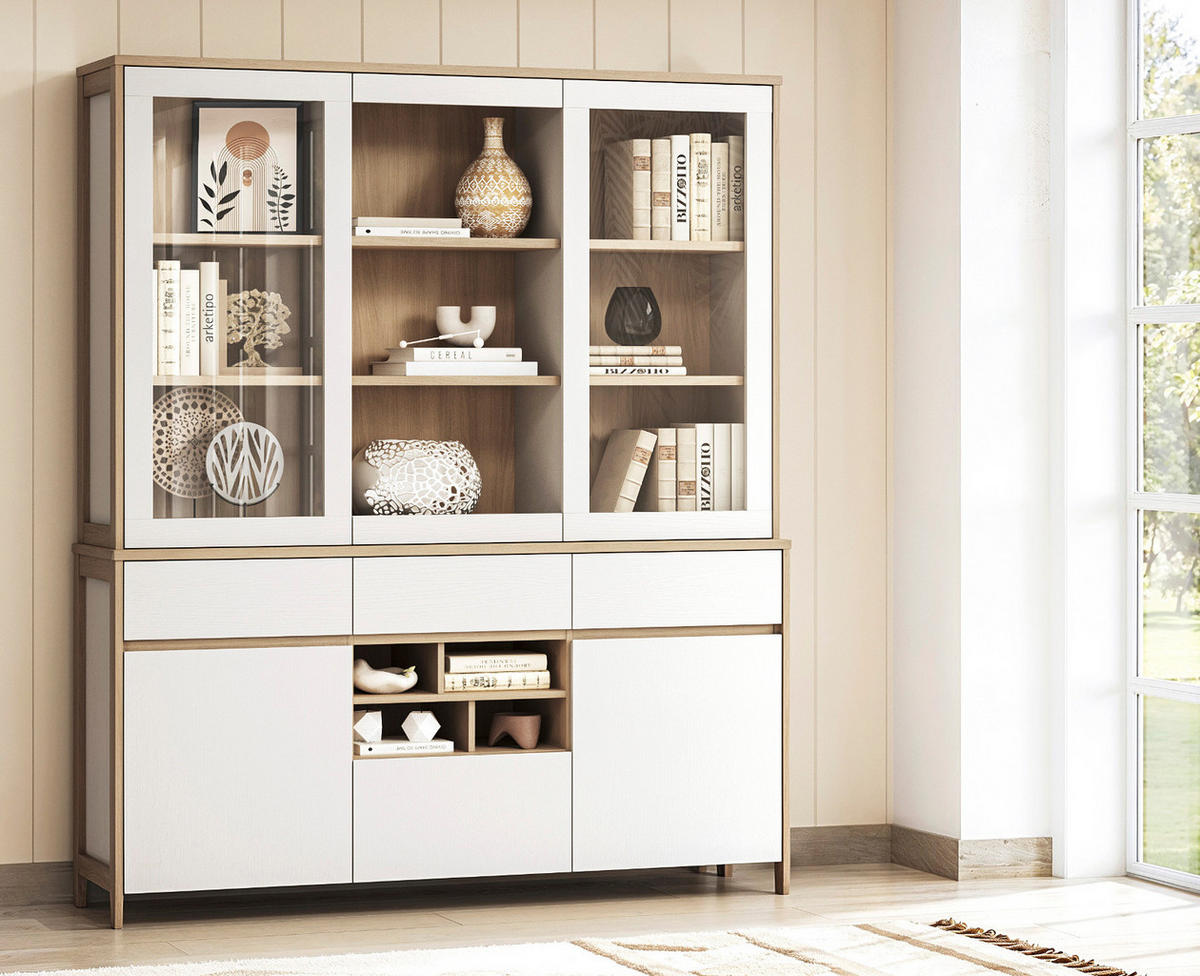 BUFFET weiß, Eiche, Buffetschrank skandinavisch 164 cm mit Soft-Close, Finnes - Eichefarben/Weiß, Glas/Holzwerkstoff (164/195/39cm) - Furn.Design