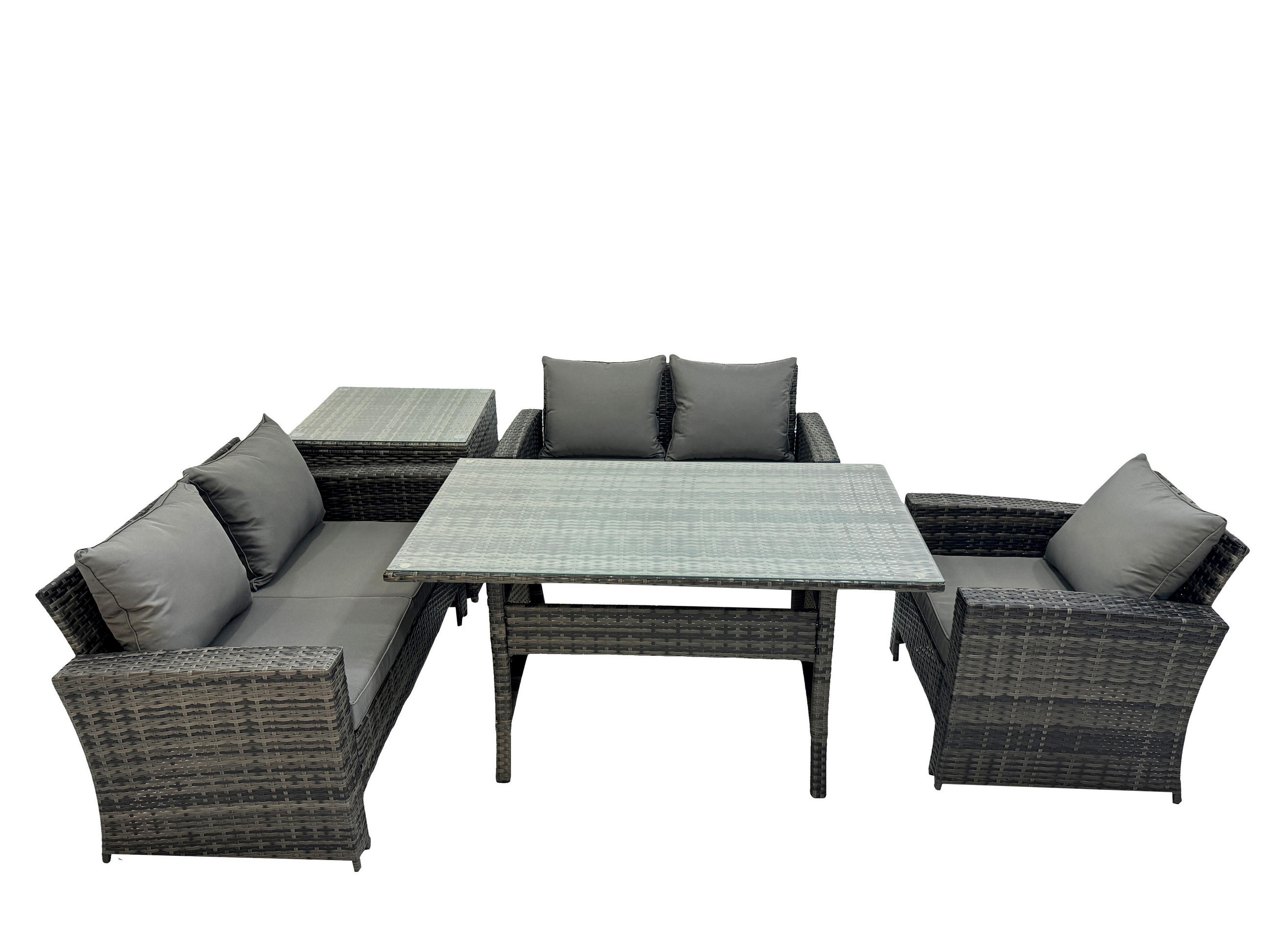 GARTENMÖBELSET mit 2-Sitzer Sofa,3 Hockern,Esstisch,2 Beistelltischen Polyrattan Dunkelgrau 5-Sitzer - Dunkelgrau/Grau, Glas/Kunststoff - Fimous