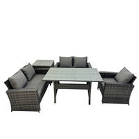 GARTENMÖBELSET mit 2-Sitzer Sofa,3 Hockern,Esstisch,2 Beistelltischen Polyrattan Dunkelgrau 5-Sitzer - Dunkelgrau/Grau, Glas/Kunststoff - Fimous