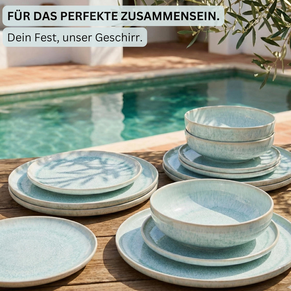 KOMBISERVICE PAROS - 16 teilig aus Steingut - Türkis, Stein (27/27/27cm) - Sänger