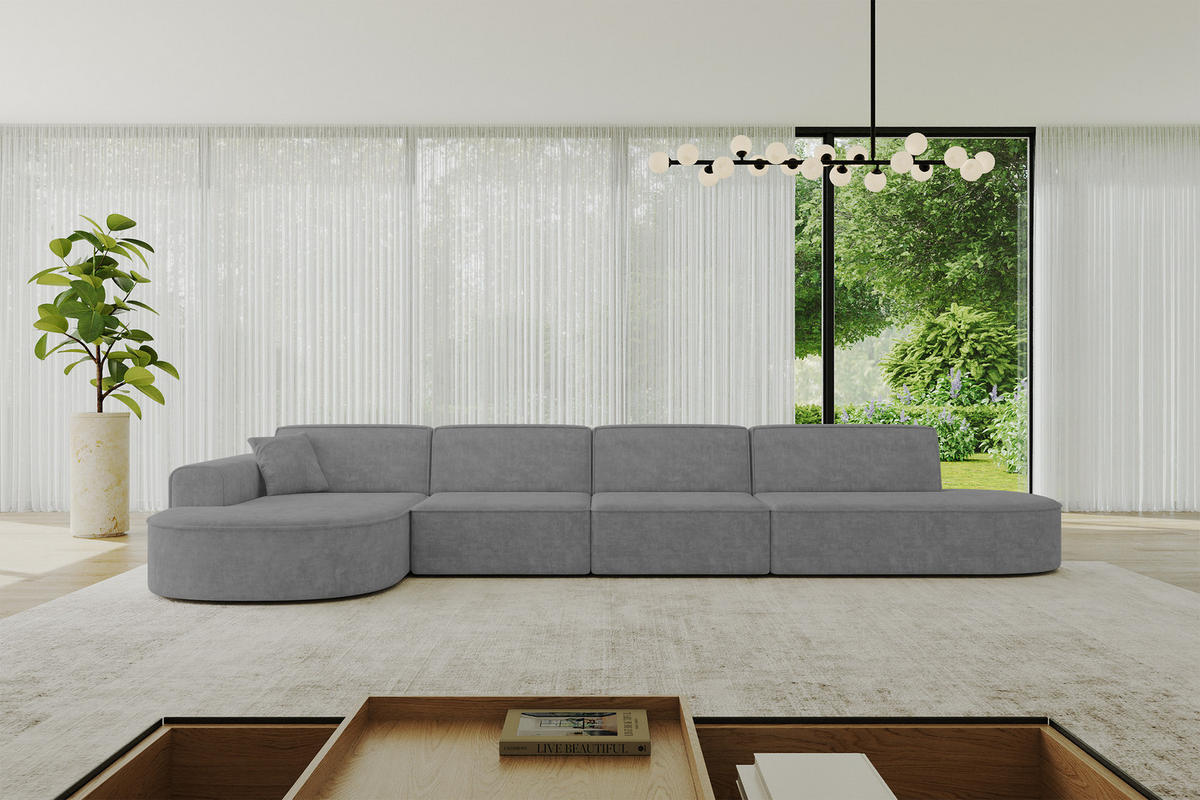 ECKSOFA Ottomane Links MARI-L3 - 413x171x79 cm Grau Velours - Schwarz/Grau, Holzwerkstoff/Kunststoff (413/171cm) - ALTDECOR