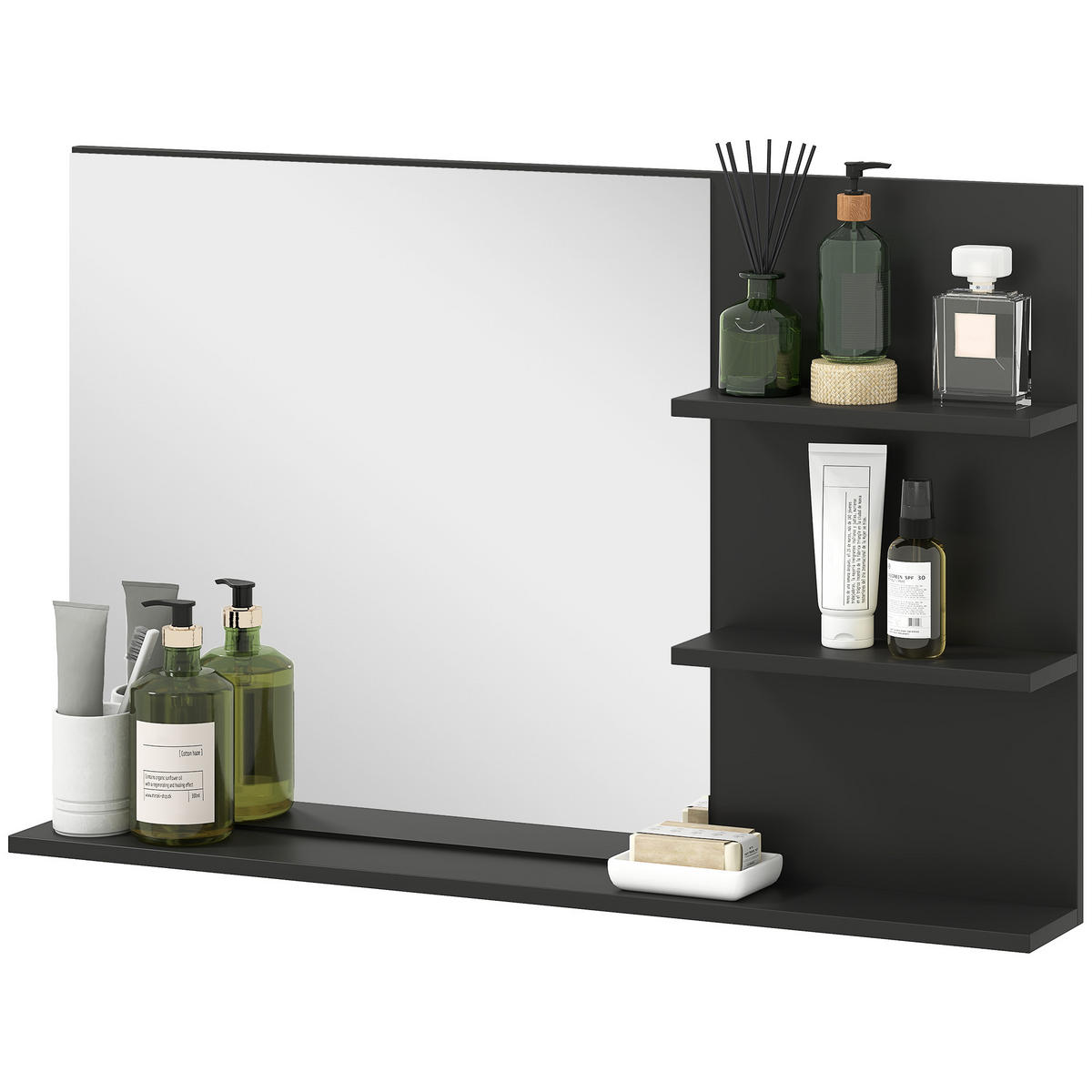 BADEZIMMERSPIEGEL mit zwei seitlichen Ablagen und einer unteren Ablage,, 75 x 10 x 48 cm ,Schwarz - Schwarz, Glas (10/48/75cm) - Vallsero