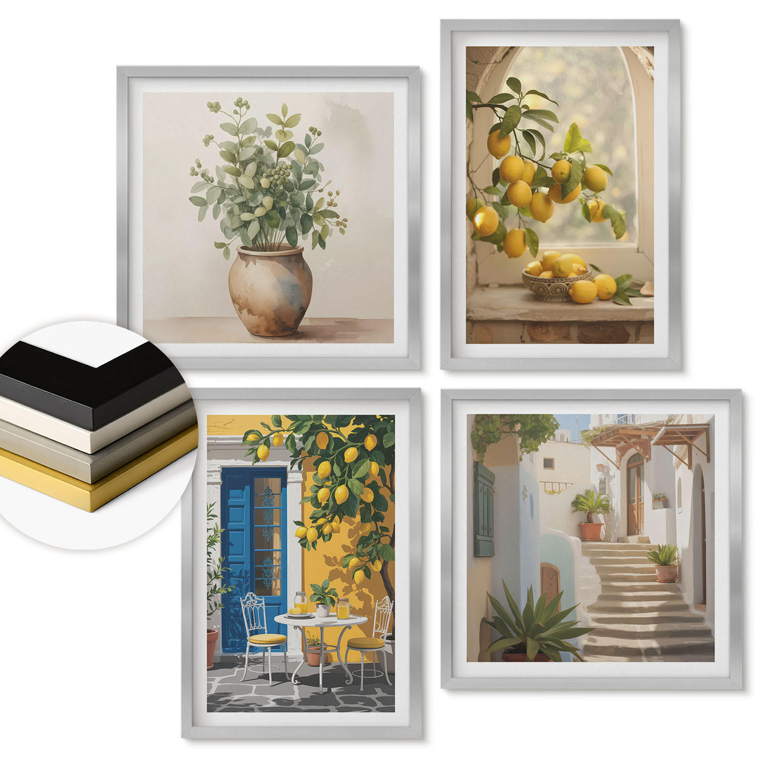 WANDBILDER 4er Set - 50x50 cm & 40x60 cm Silberner Rahmen - Architektur der Zitronenstadt - Silberfarben, Kunststoff (50/50cm) - ArtPrintCave