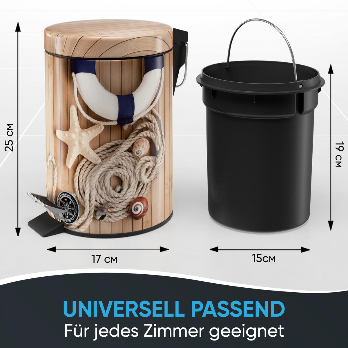 KOSMETIKEIMER Maritime - Beige/Dunkelblau, Kunststoff/Metall (17/25/25cm) - Sanilo