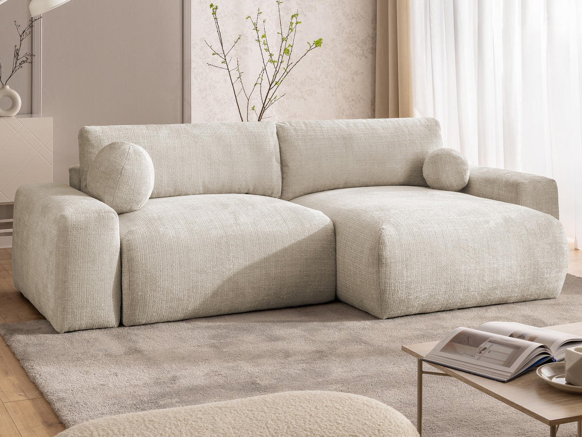 ECKSOFA Puffy mit Schlaffunktion und Bettkasten - besonders weich und puffig aus Beige Chenille-Stoff - Ottomane rechts - Beige/Creme, Holz/Kunststoff (266/138cm) - S-Style Möbel
