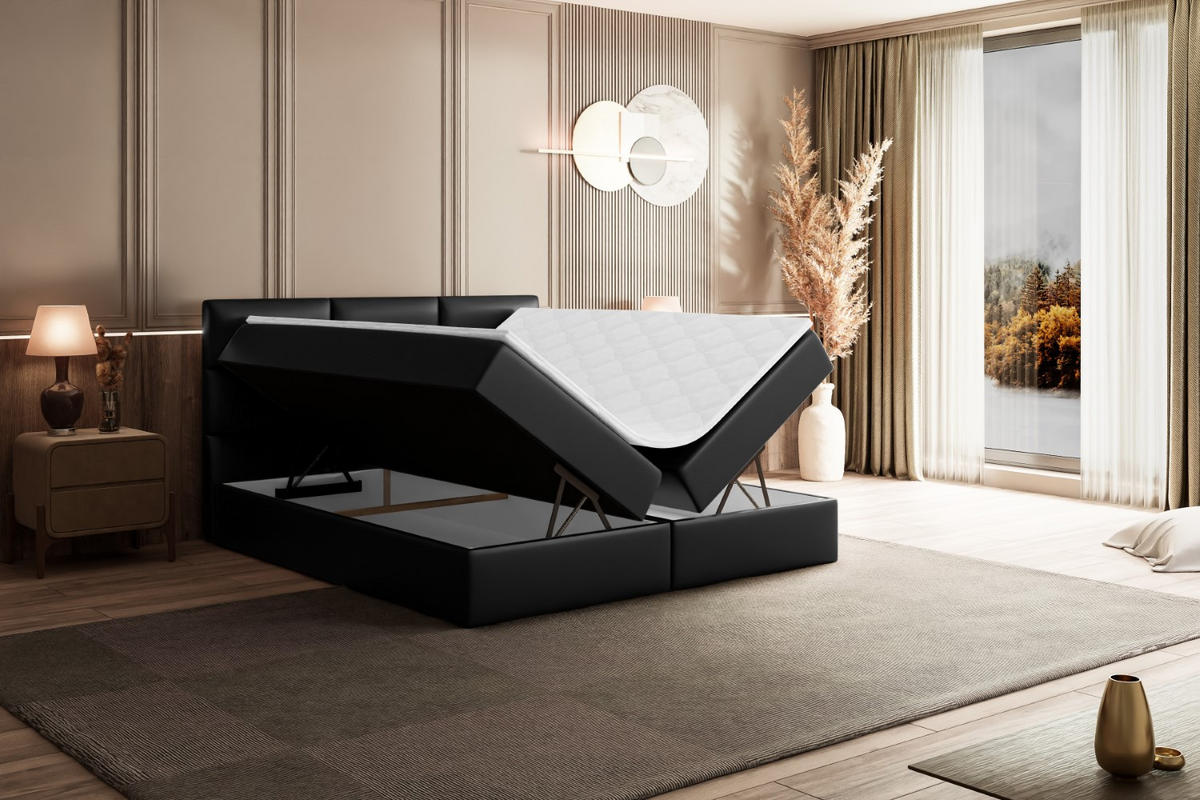 BOXBETT mit Matratze H4 und Lattenrost - OHIO - 160x200 cm - H4 - Schwarz Hochglanz - Schwarz Hochglanz, Holzwerkstoff (160/200cm) - ALTDECOR