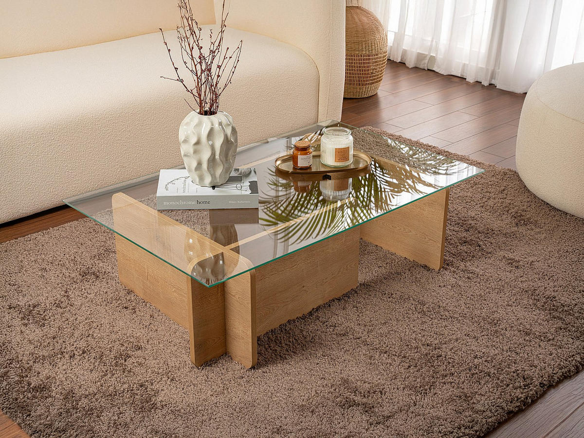 COUCHTISCH - Sicherheitsglas - Holzfarben hell & Transparent - AZRA - Transparent/Braun, Holz (105/65/30cm) - Vente-Unique