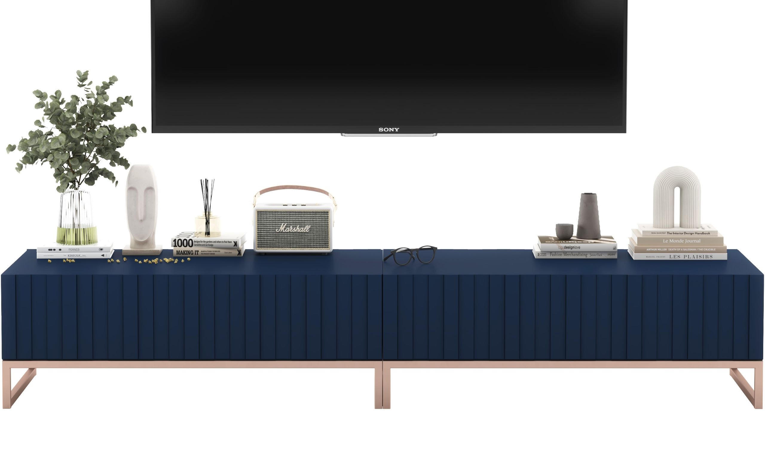 TV-LOWBOARD 2-er Set Elpis Marineblau Matt Glamour 110 cm - Blau/Kupferfarben, Holzwerkstoff/Metall (220/39/54cm) - Meble Lindner