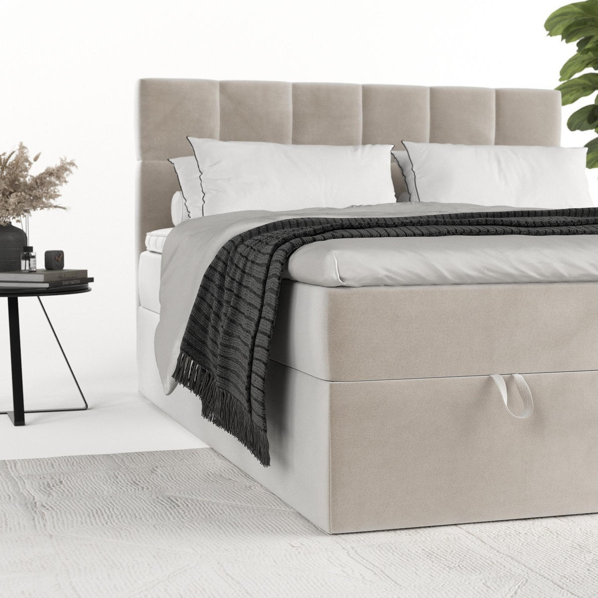 BOXBETT Savio 200/200 cm Hellbeige im Paros Stoff - Beige/Schwarz, Holz/Holzwerkstoff (200/200cm) - AltaBeds