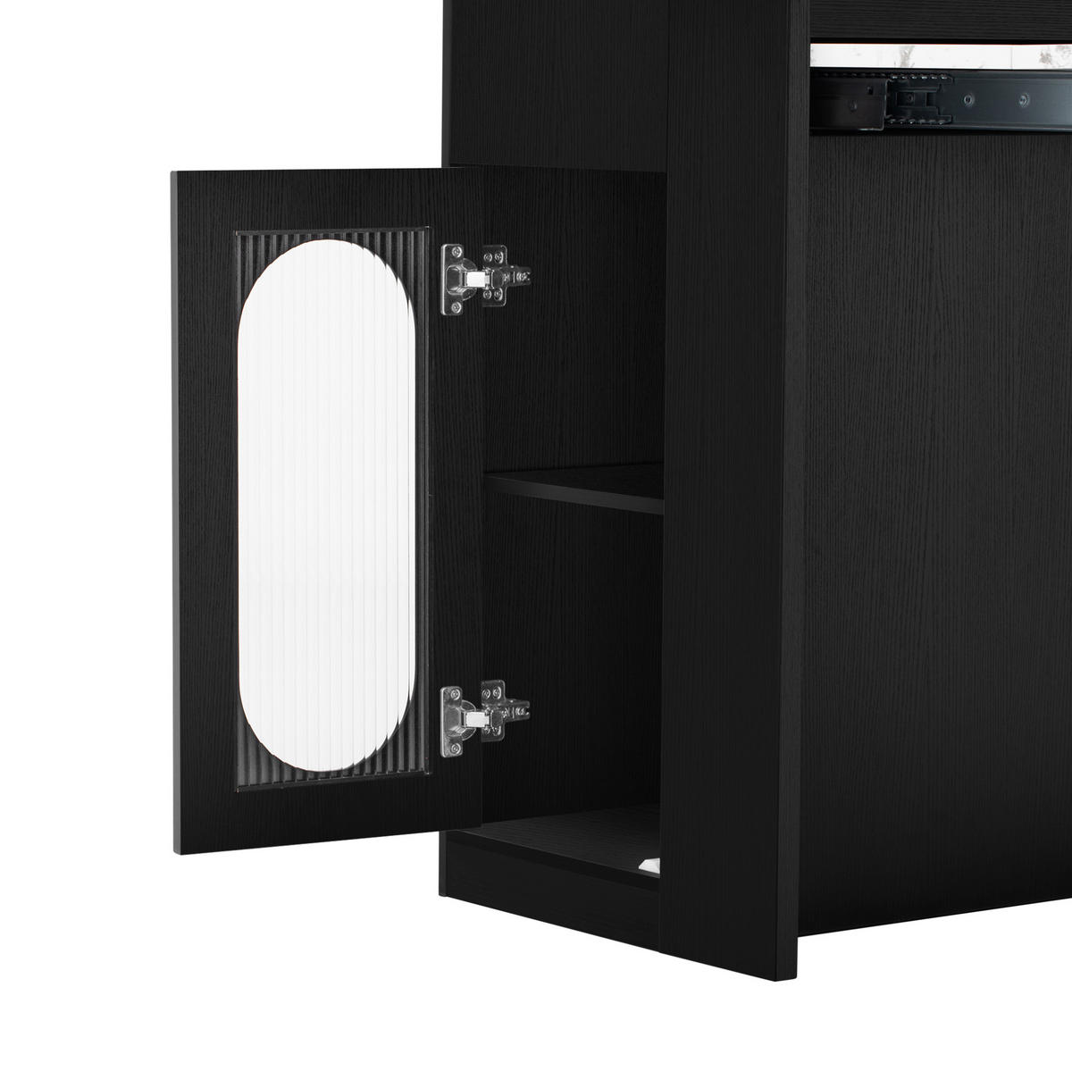 KUCHYŇSKÝ ostrov z MDF a skla 146x83x96 cm černý s rozkládací deskou, zásuvkou, policemi a vestavěnými zásuvkami - černá, kompozitní dřevo (146.5/96/83cm) - Modfu