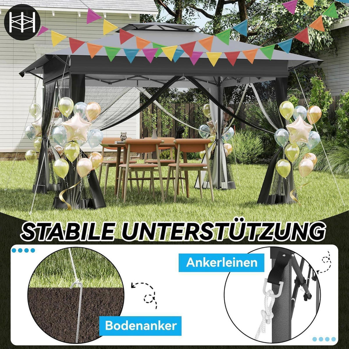 GARTENPAVILLON 400 x 400 cm Anthrazit Höhenverstellbar mit Moskitonetz - Anthrazit, Metall (300/285/400cm)
