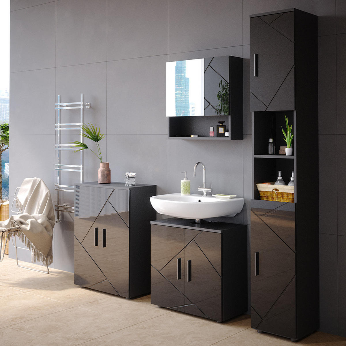 BADSCHRANK Irma Anthrazit Hochglanz 30 x 192 cm - Anthrazit, Holzwerkstoff (30/192/30cm) - Vicco