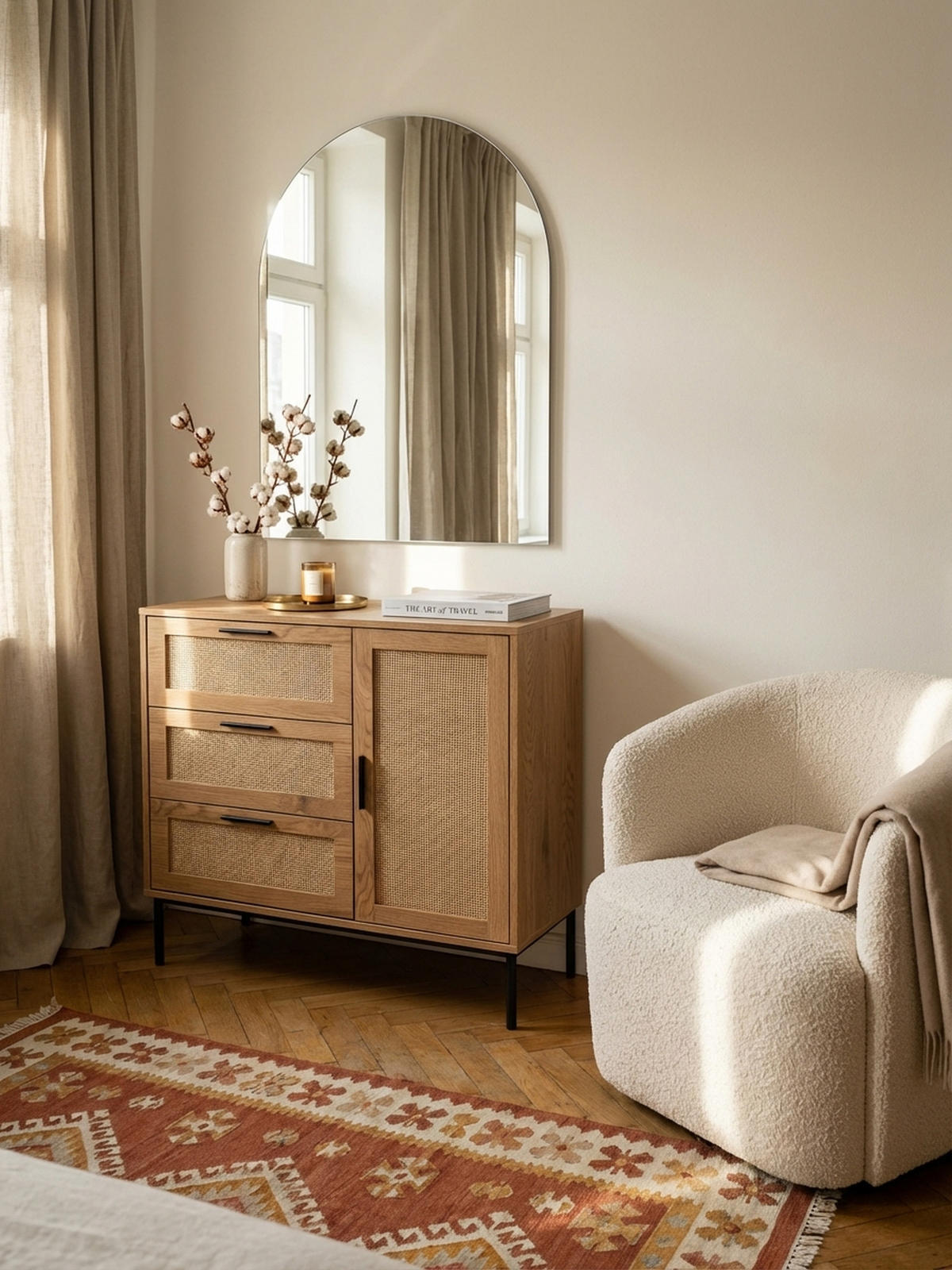 KOMMODE – Eiche-Dekor/Rattan, 80x82x36 cm, 3 Schubladen, 1 Tür, modern - Schwarz/Braun, Holzwerkstoff/Metall (80/82/36cm) - KADIMA DESIGN