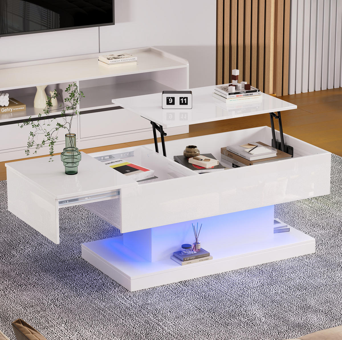COUCHTISCH 100/50/45 cm weiß aus Spanplatte mit LED-Beleuchtung und Stauraum - Weiß, Holzwerkstoff (100/50/45cm) - OKMYHOME