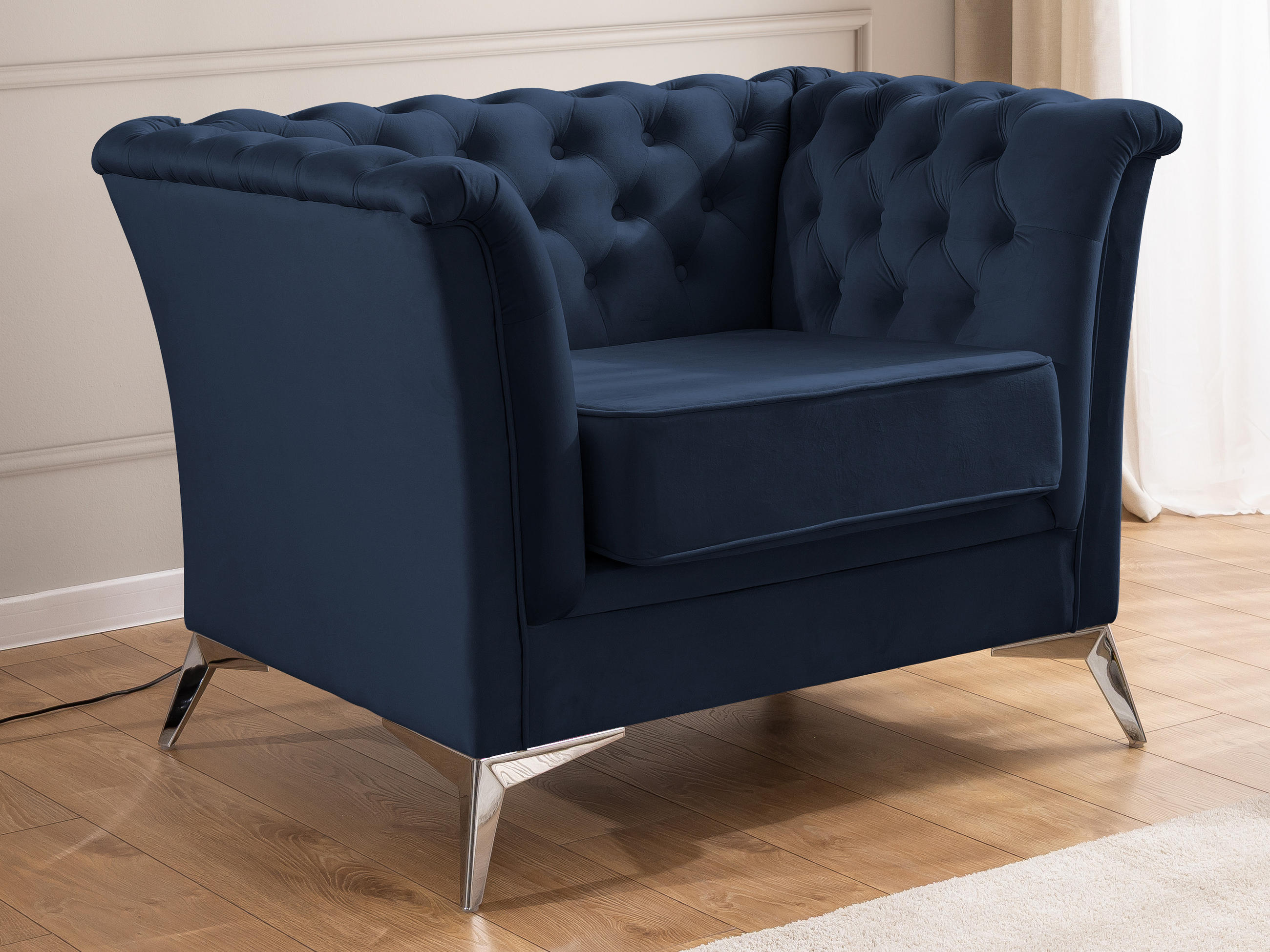 CHESTERFIELD-SESSEL Whitby Marineblau Samt mit silbernen Füßen - Silberfarben/Dunkelblau, Holz/Textil (116/78/82cm) - S-Style Möbel